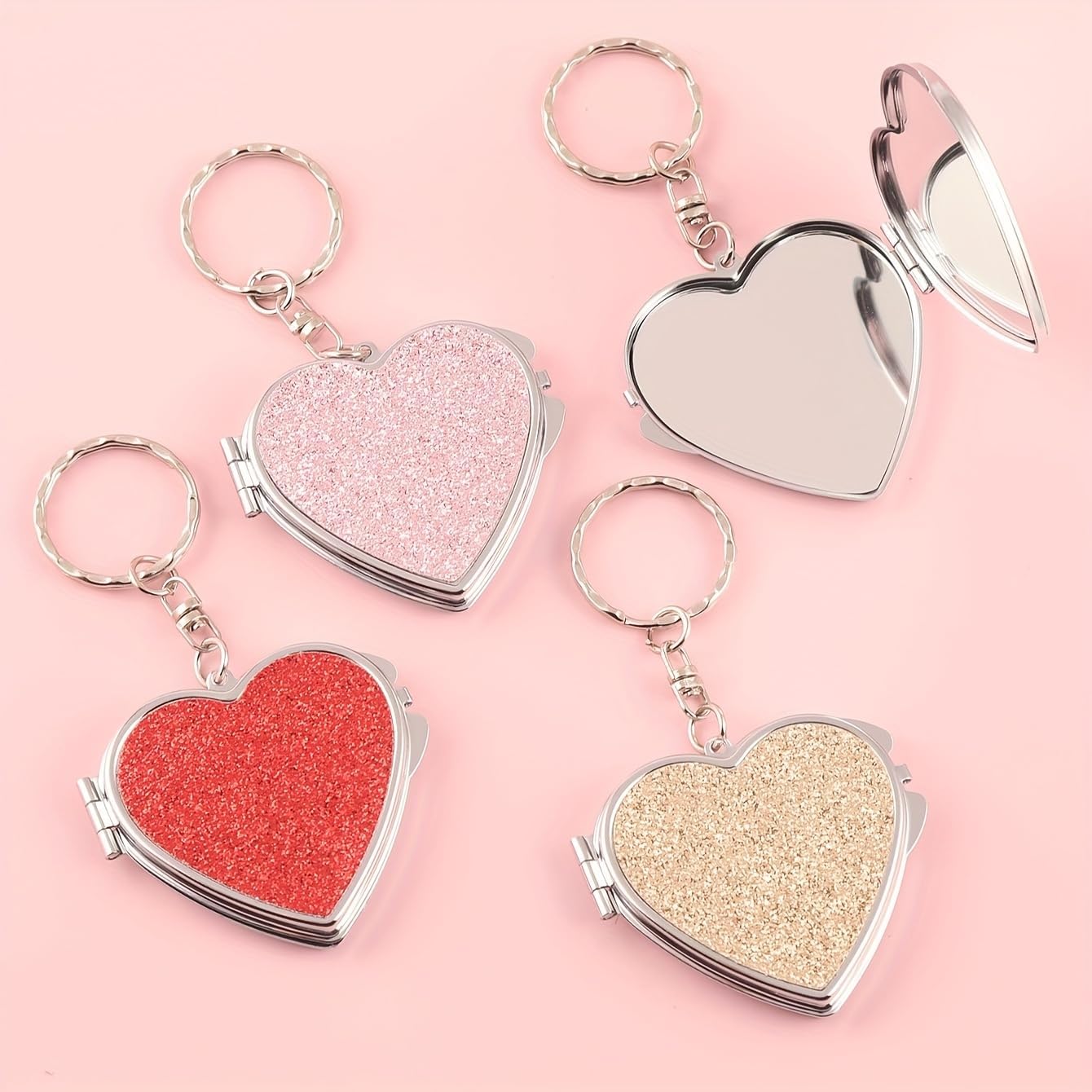 Portable Heart-Shaped Folding Makeup Mirror - Double-Sided Design with Sparkling Sticker | Ideal for Home & Travel - White