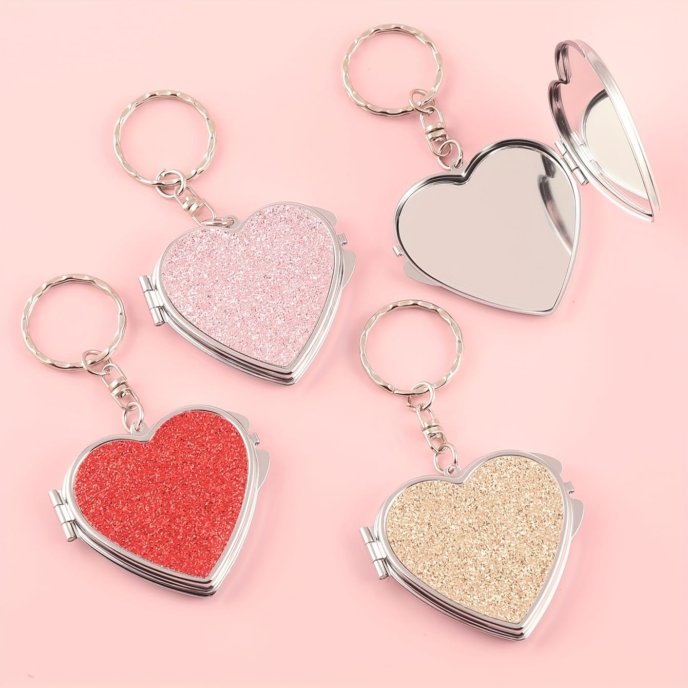 1-Pack Portable Heart-Shaped Folding Makeup Mirrors，Single-Sided Sparkling Sticker，Double-Sided Mirror，Ideal for Home and Travel for Women, Girls, Mothers, Friends (White)
