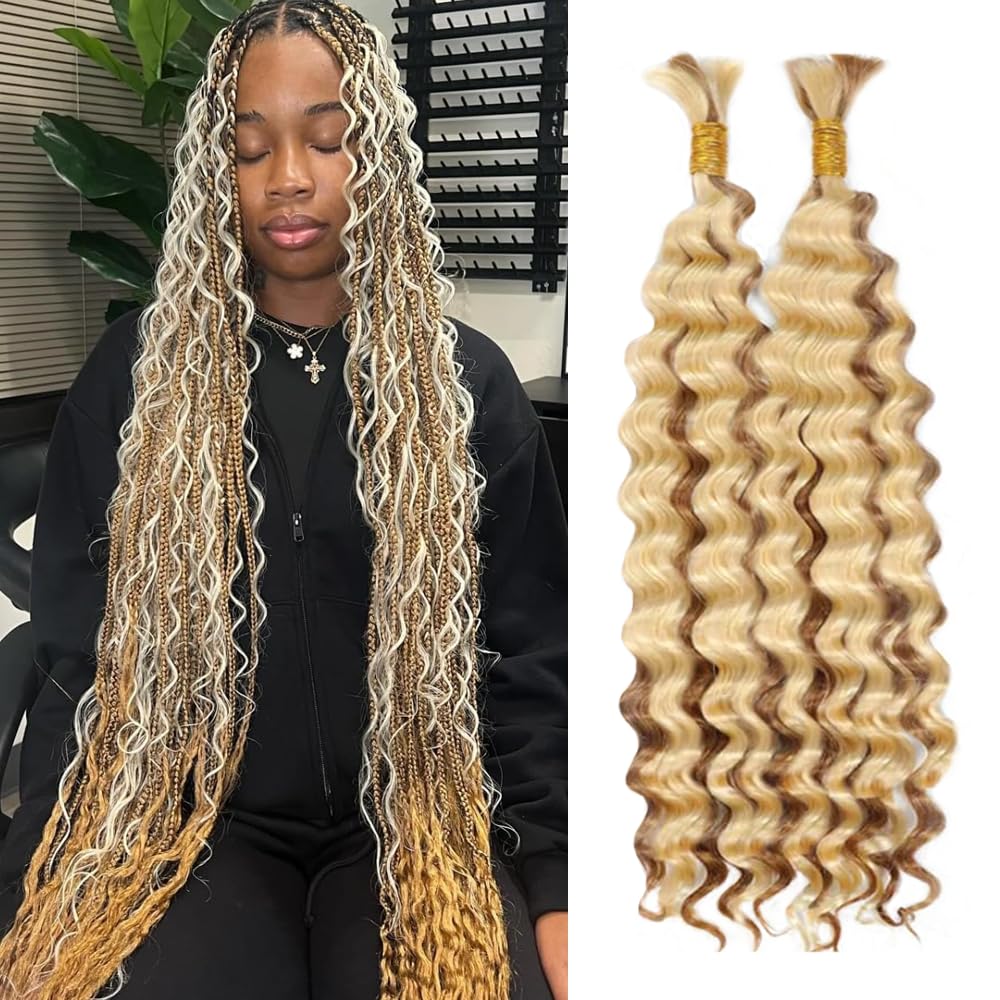 Honey Blonde Braiding Hair 2 Bundles 100g 28 Inch #613 Deep Wave Bulk Human Hair Braiding Wet and Wavy Human Braiding Hair for Boho Braids Curly Human Hair Extensions No Weft 2 Braids 27/613 Color