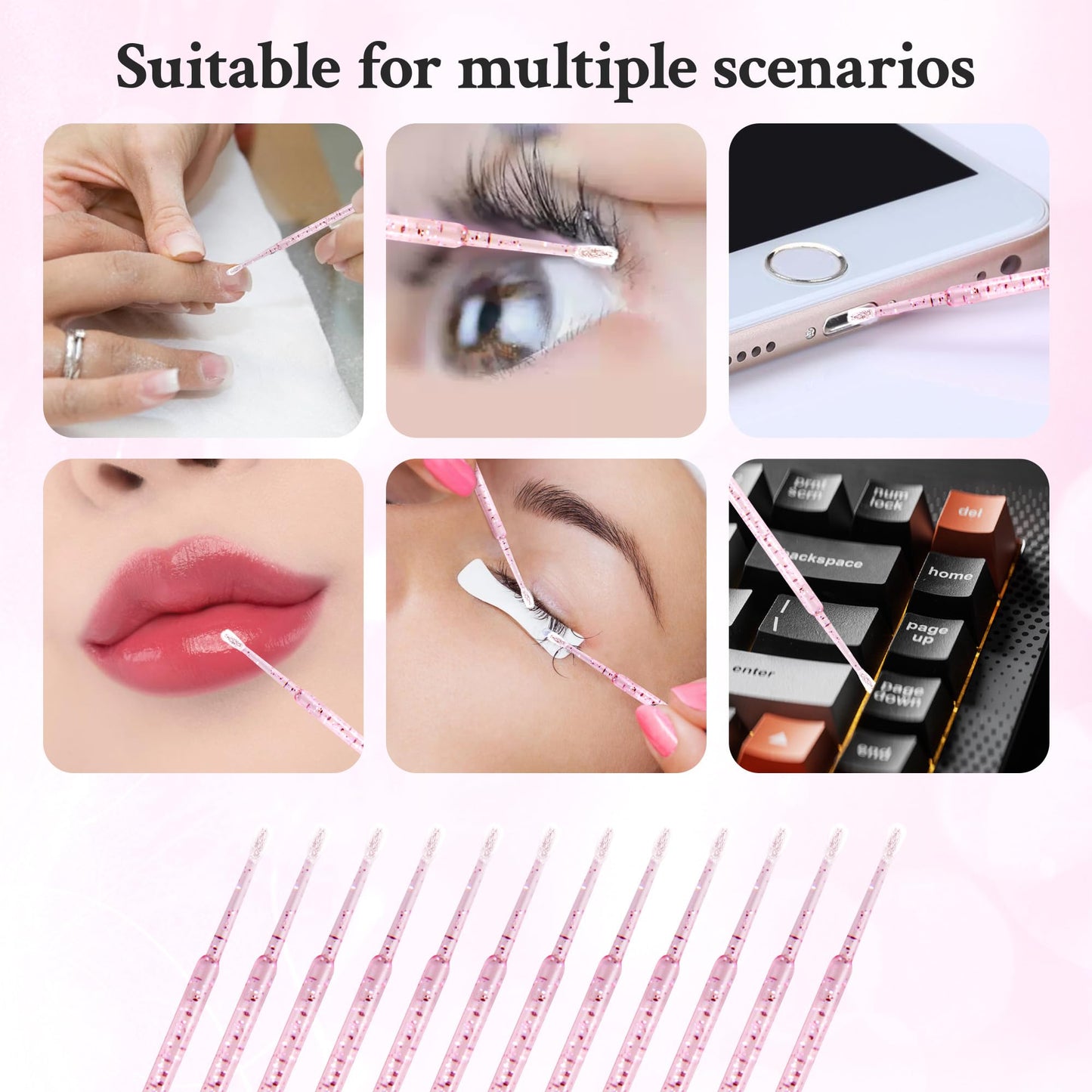 300 Count Micro Applicator Brush, Crystal Pink Micro Swabs, Disposable Eye Lashes Mascara Wands for Eyelash Extension