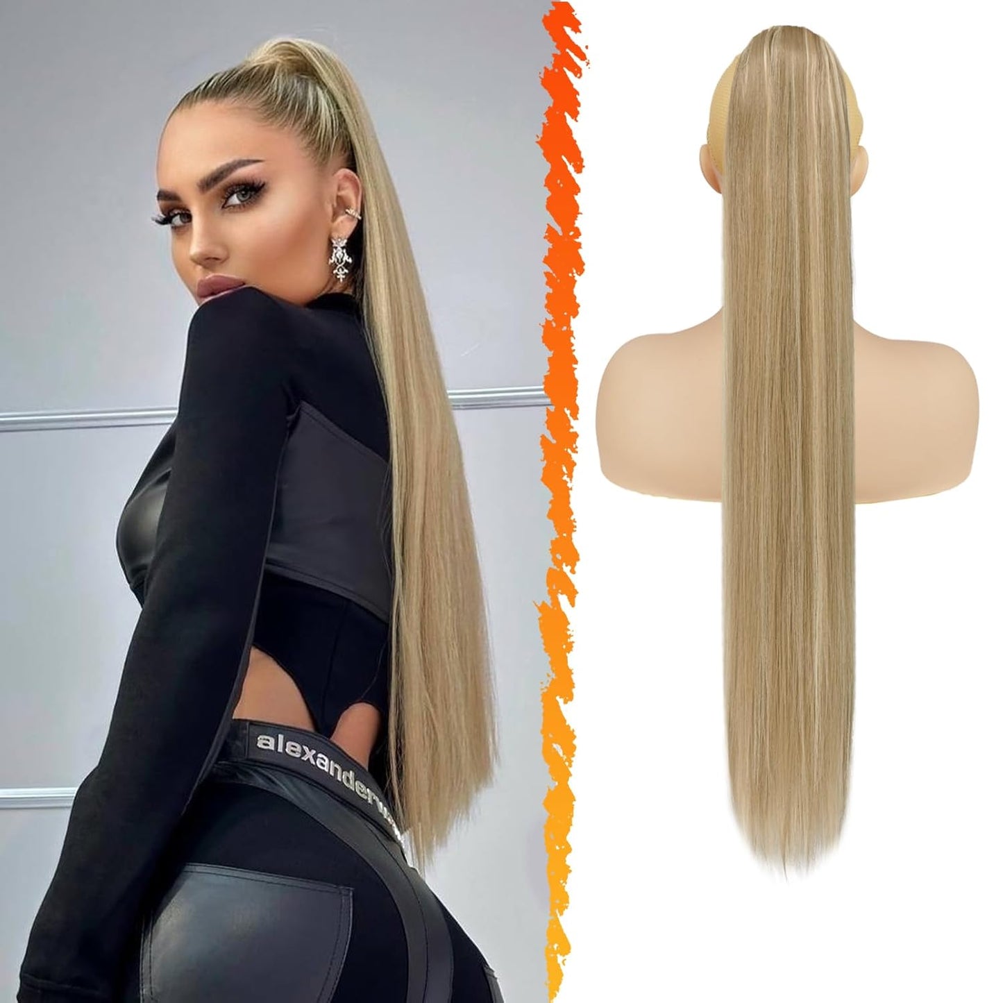 Long Straight Ponytail Extension - 26 Inch Brown Synthetic Clip-In Hairpiece for Women | Light Brown Mixed
