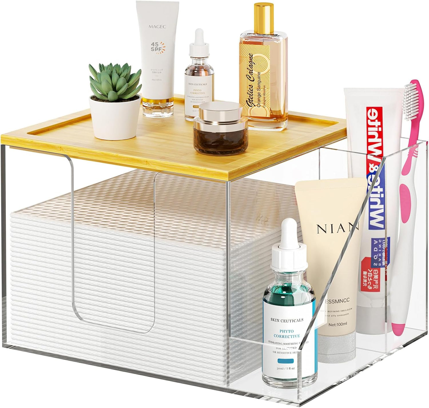 Acrylic Disposable Face Towel Holder Box - Large Storage for Bathroom Vanity | Clear Design
