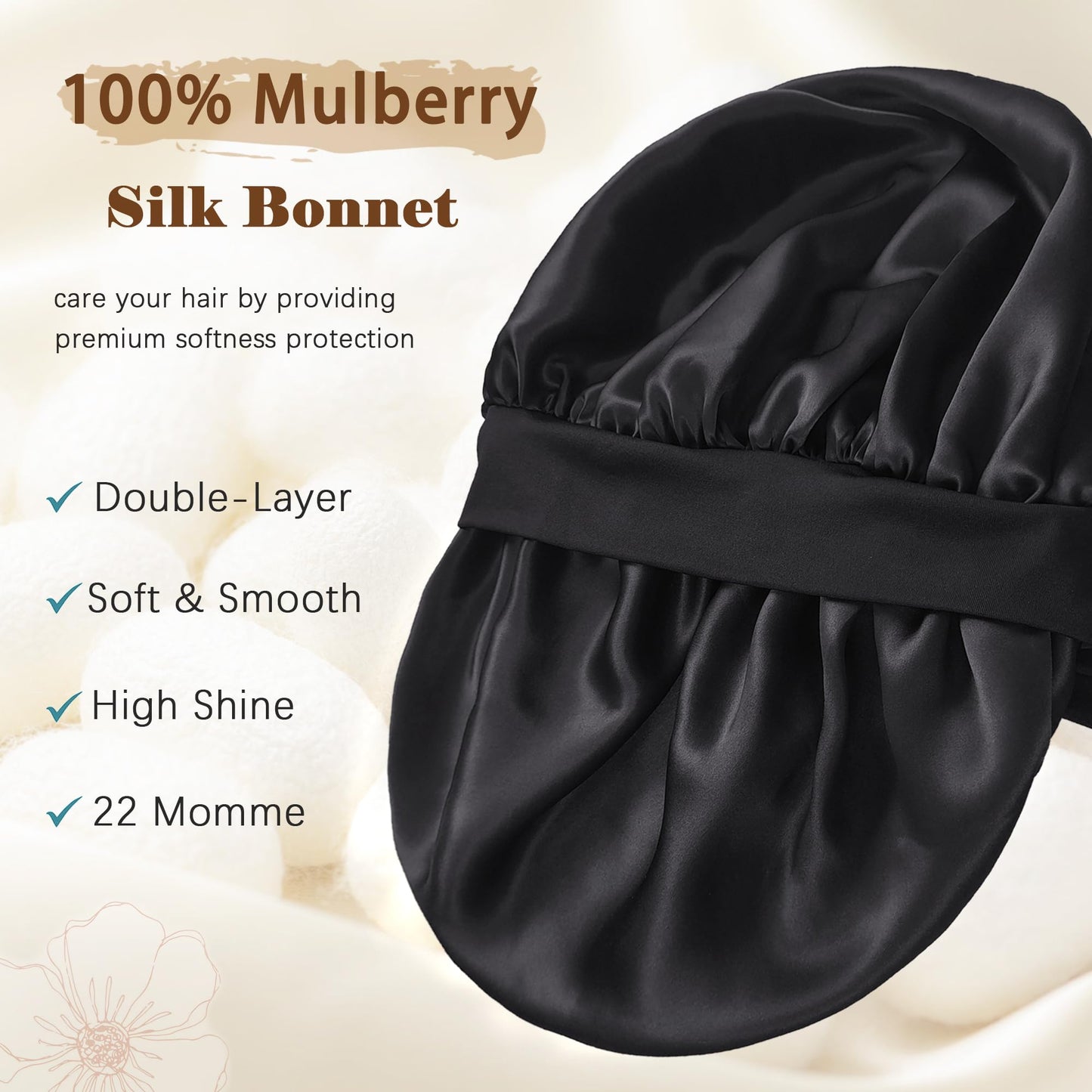 100% Mulberry Silk Bonnet for Sleeping Women, Pure Real Silk Hair Bonnets with Tie, Double Layer Sleep Cap for Curly Hair
