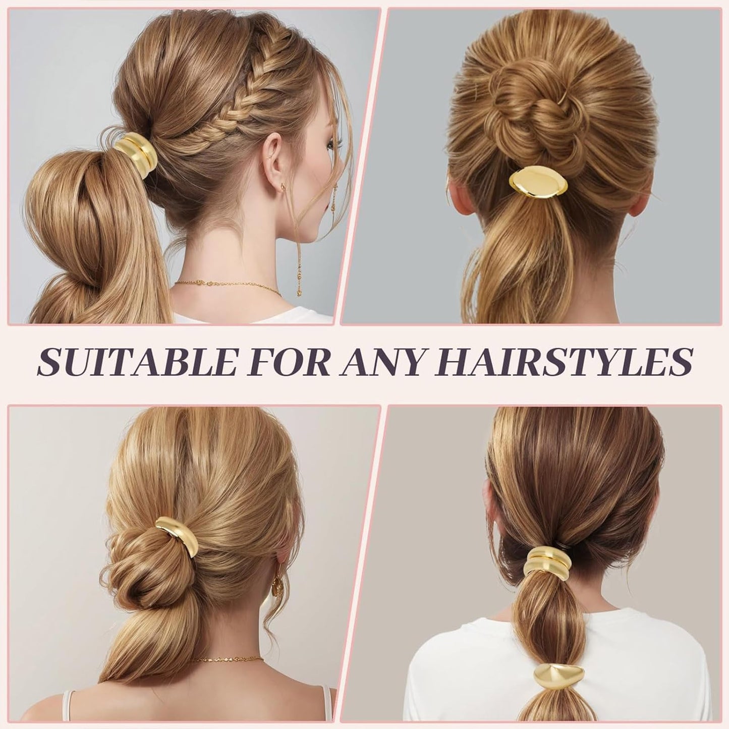 6PCS Elastic Gold Hair Ties for Women Metal Hair Ties Ponytail Cuffs Holders for Thick Hair Elegant Geometric Design Hair Accessories