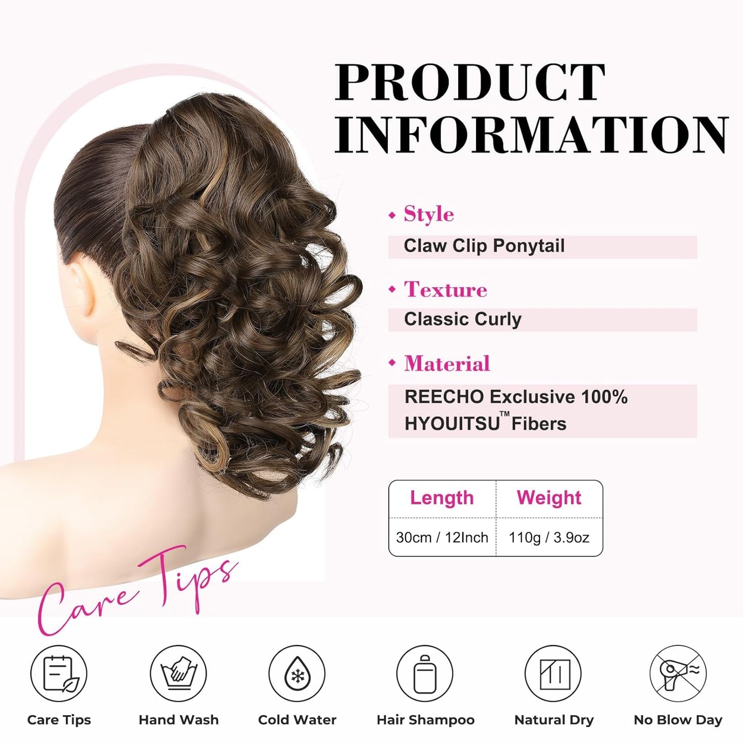 12-Inch Ponytail Extension - Classic Loose Curly Wavy Claw Clip Hairpiece for Women | Chocolate Brown with Highlights