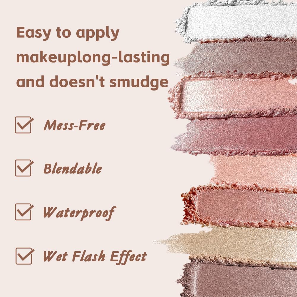 Baked Shimmer Eyeshadow Palette, Pearl Metallic Eye Shadow, Champagne Rose Gold Highlighter Eyeshadow, Luminous Baked Eyeshadow for Soft Glam Party Makeup, Long Lasting Waterproof, Sombra de Ojos 01