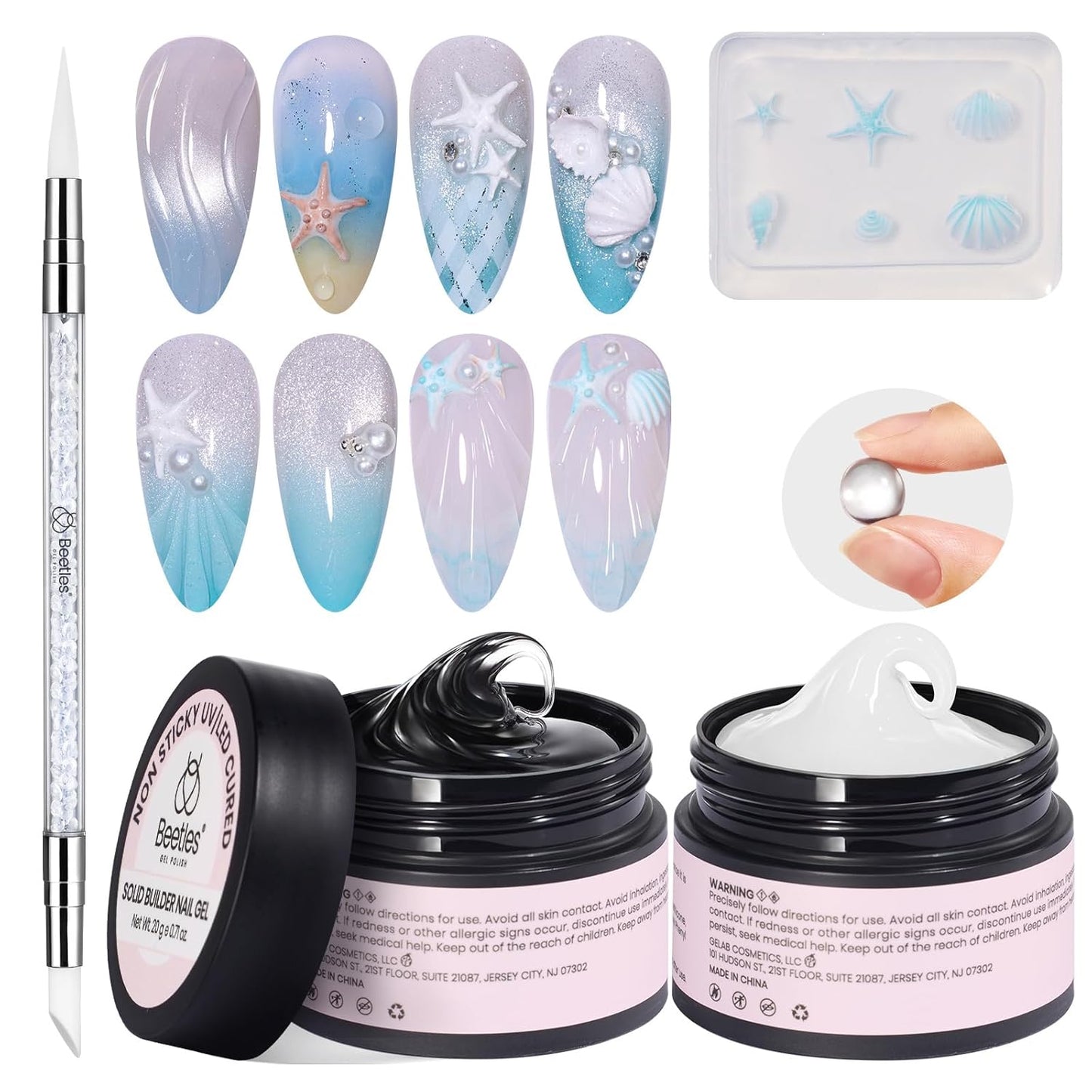 Beetles 3D Solid Builder Nail Gel Kit - 2 oz Clear Sculpting Gel for 3D Nail Art | Non-Sticky UV LED Gel with Dual Forms & Sculpting Pen