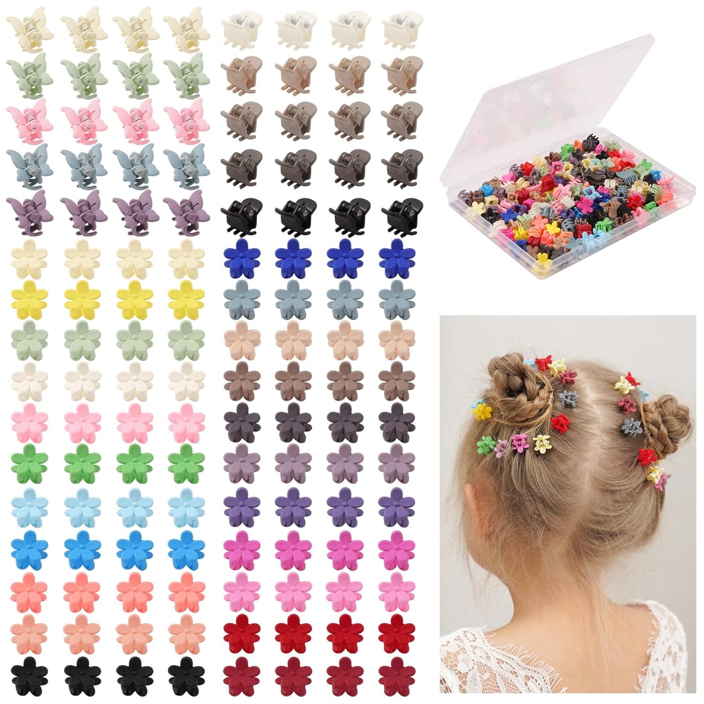 128pcs Baby Girls Hair Clips - Mini Claw Clips in Flower & Butterfly Styles | Hair Barrettes with Organizer Box
