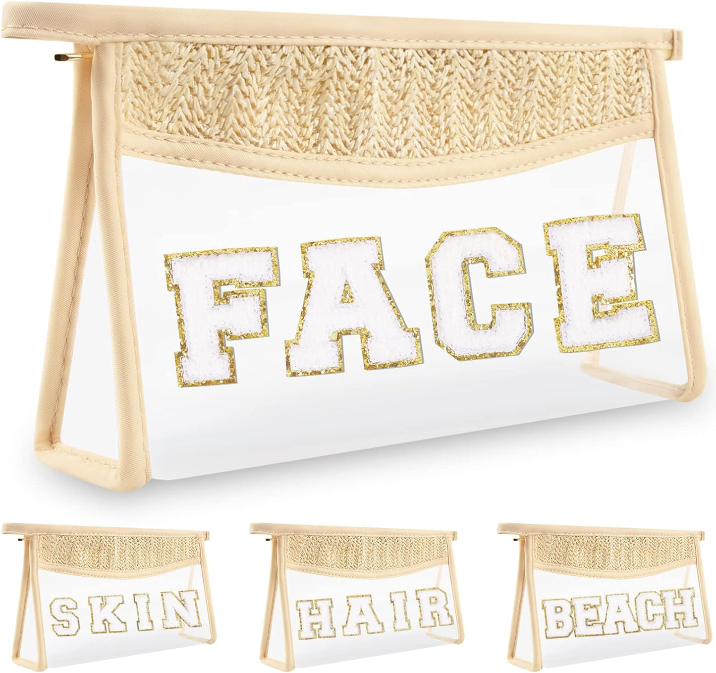 Clear Makeup Letter Patch Bag - Boho Transparent Toiletry Pouch | Small Waterproof Cosmetic Organizer for Women