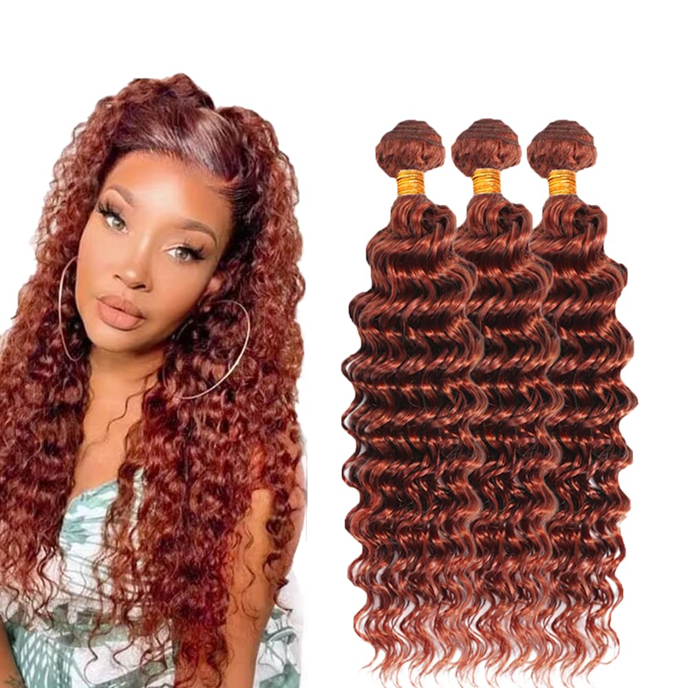 26 28 30 Inch Color 33 Bundles Human Hair Copper Red Deep Wave Bundles Brazilian Virgin Soft and Silky Remy Hair Extensions Huxowax Auburn Deep Wave Bundle 300g