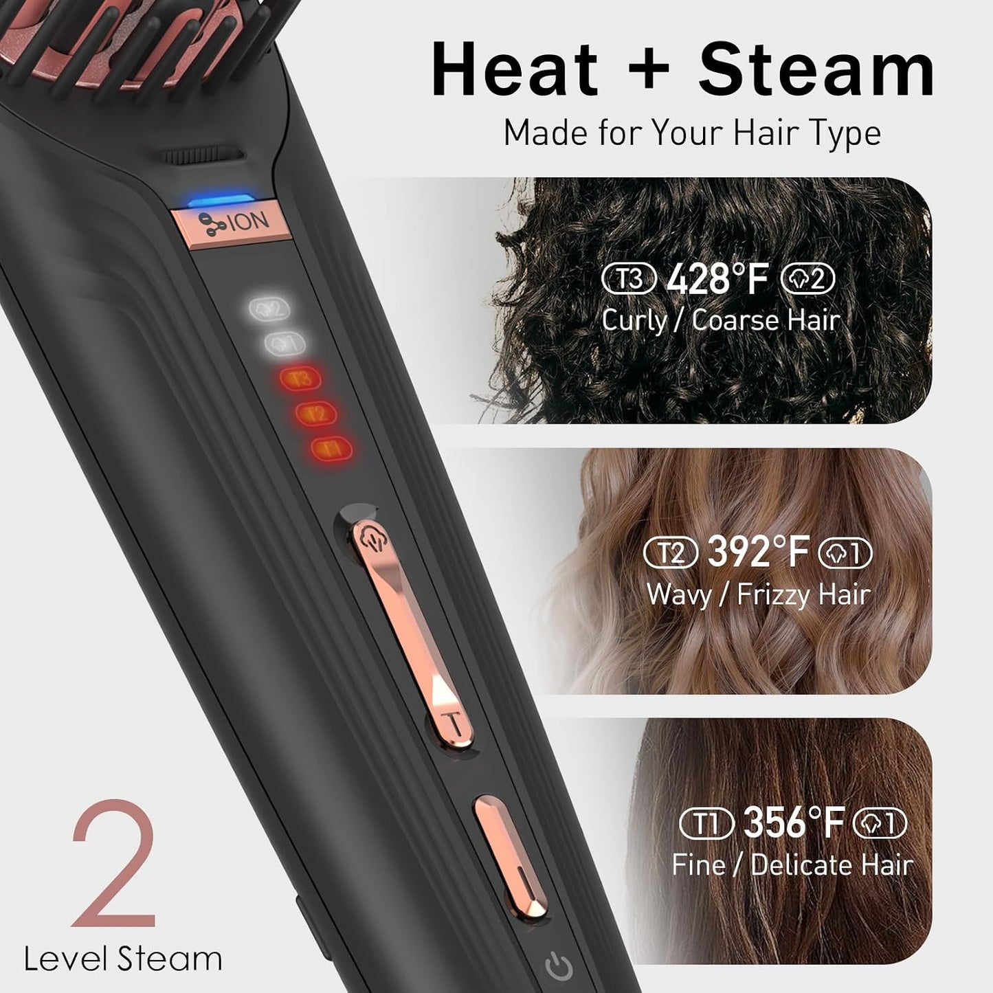 Steam Hair Straightener Brush - Anti-Scald Design, 2 Steam Levels & 3 Heat Settings | Fast Styling, Dual Voltage Black