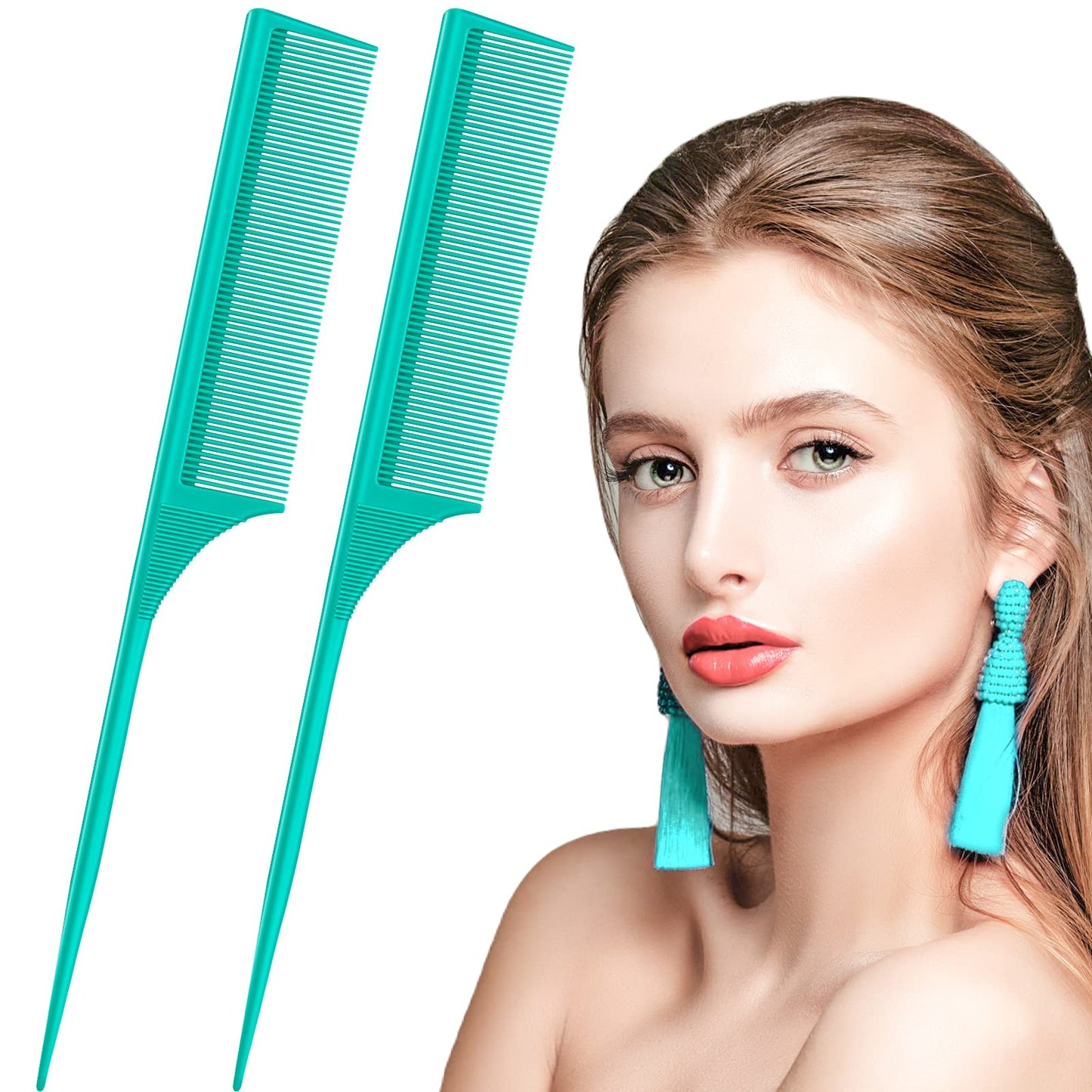 Leinuosen 2 Pack 9 Inch Rat Tail Comb for Women Fine Tooth Parting Comb Carbon Fiber Heat Resistant Teasing with Plastic Pick Hair Styling Thin Lightweight for Women Men(Green)