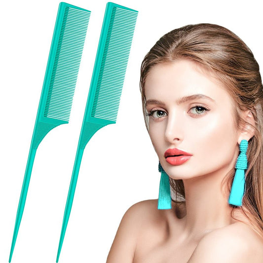 Leinuosen 2 Pack 9 Inch Rat Tail Comb for Women Fine Tooth Parting Comb Carbon Fiber Heat Resistant Teasing with Plastic Pick Hair Styling Thin Lightweight for Women Men(Green)