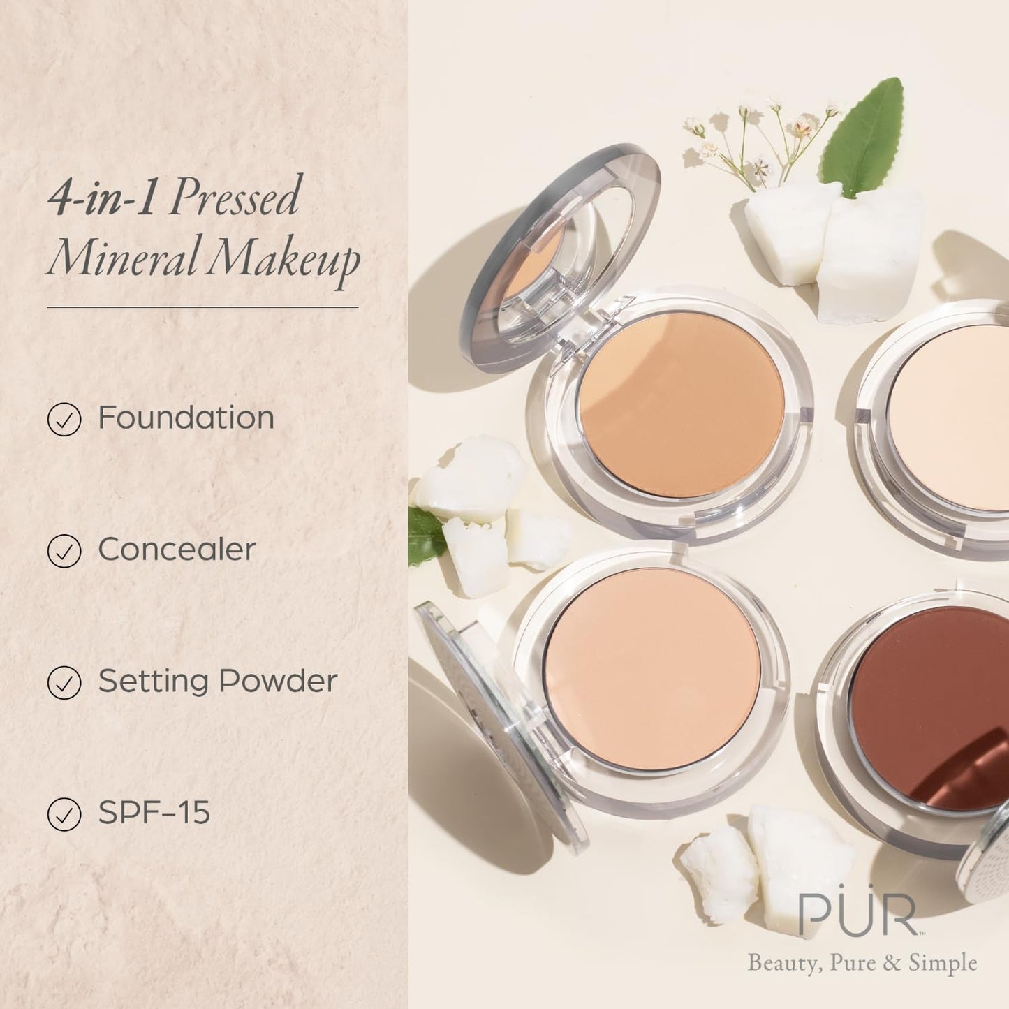 PÜR MINERALS 4-in-1 Pressed Mineral Makeup Powder Foundation with SPF 15 | Buildable Medium to Full Coverage Compact