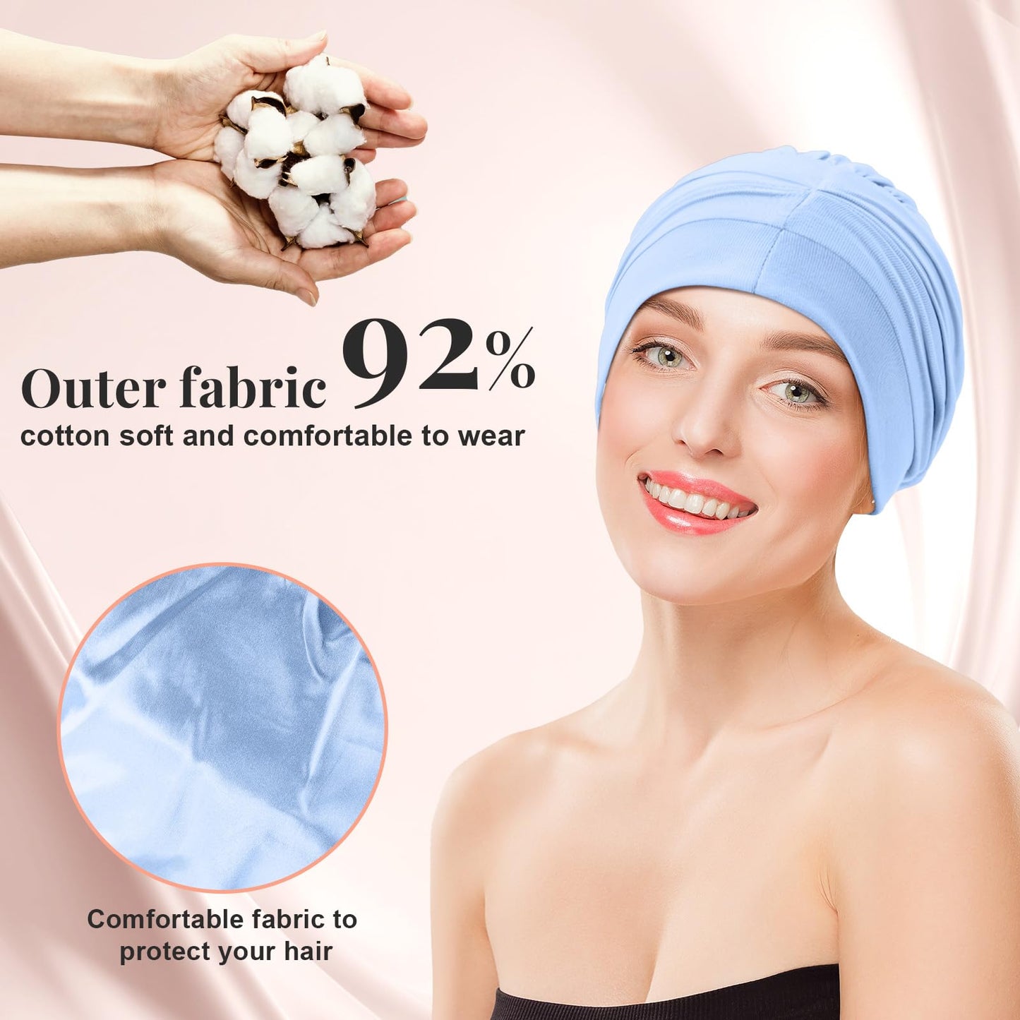 JenPen 4 Pcs Silk Satin Sleeping Bonnet for Women, Soft Chemo Satin Lined Headwear, Stay on All Night Hat for Curly Long Hair(Purple, White, Flesh Pink, Sky Blue)