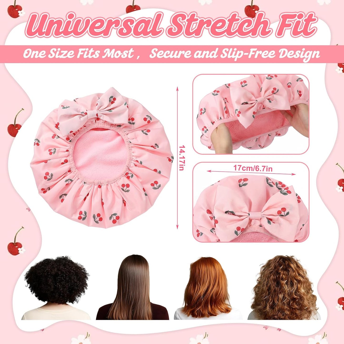 Cherry Shower Cap for Women - Terry Lined, Waterproof & Adjustable | Reusable Double Layer Bath Bonnet for Braids & Curly Hair
