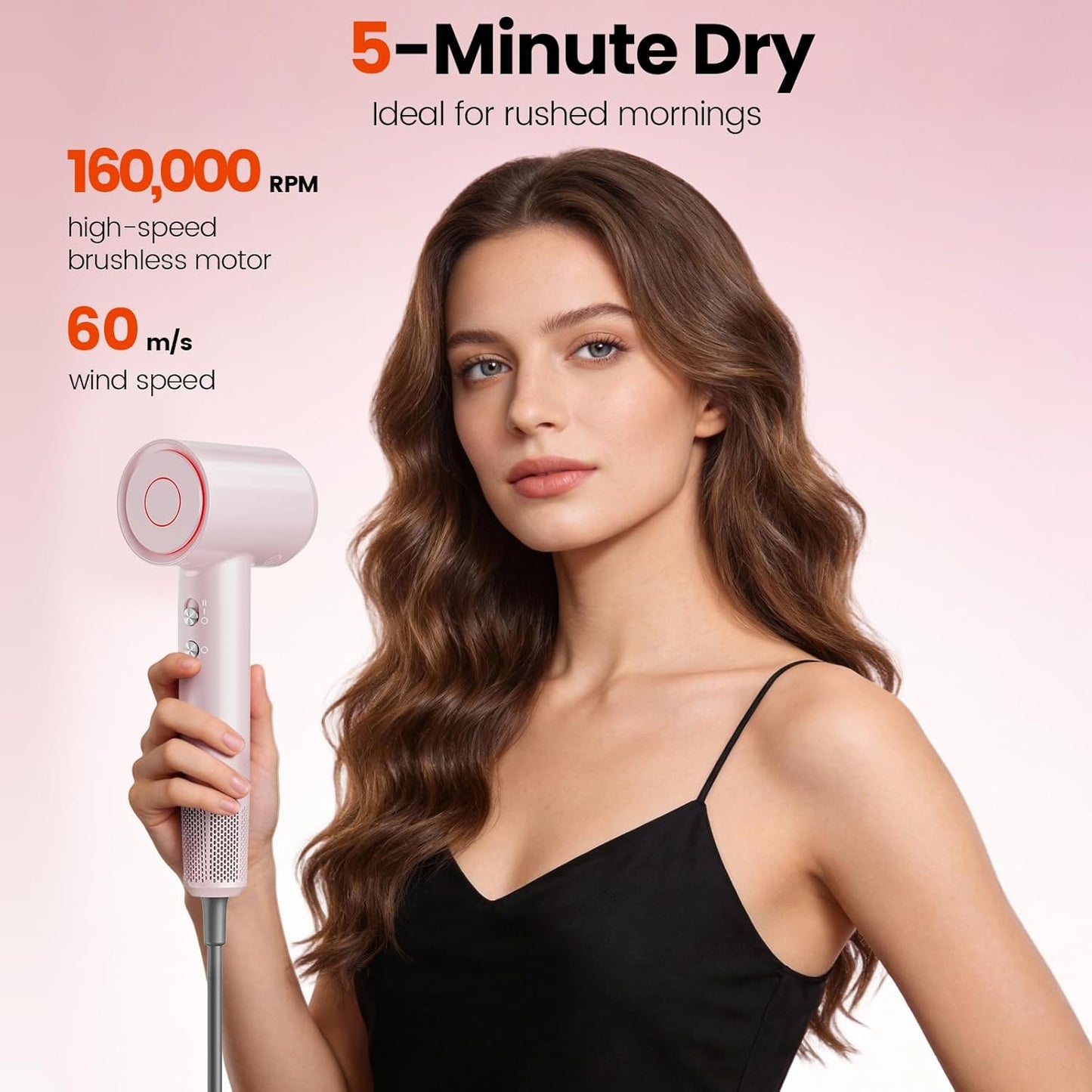 High-Speed Ionic Hair Dryer - 160,000 RPM Brushless Motor for Fast Drying | Low Noise, Magnetic Diffuser & Nozzle for Curly Hair
