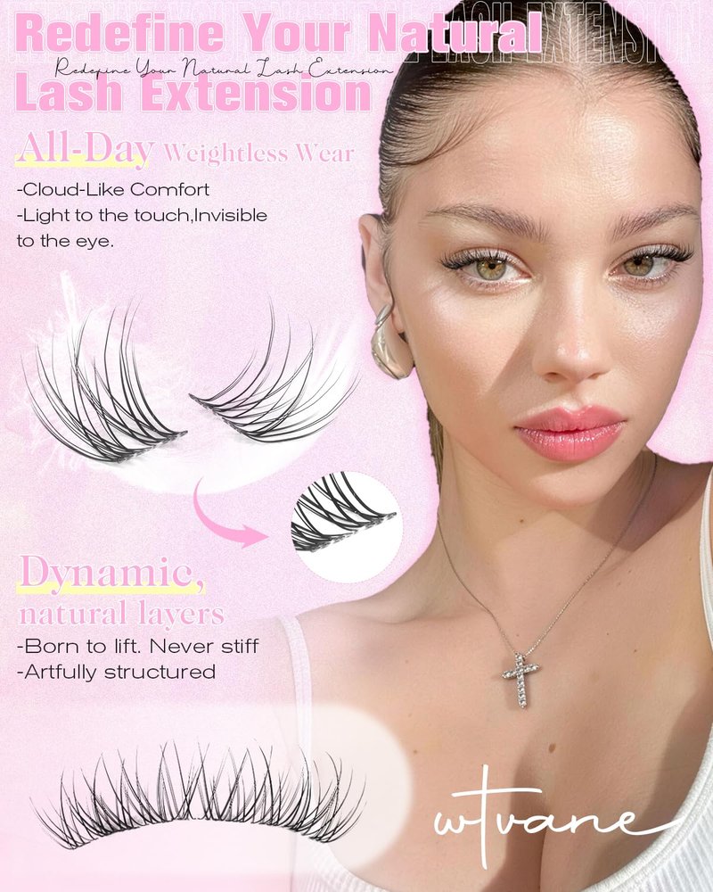 Natural Lash Clusters - 12mm Wispy Eyelash Extensions | Soft Ultra-Light C Curl, Clear Thin Band