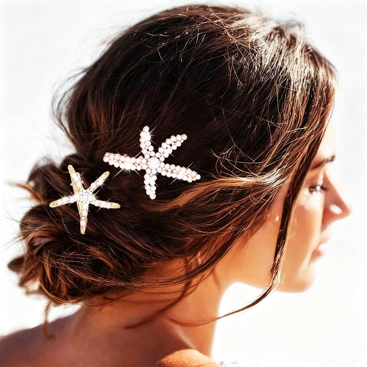 Starfish Hair Clips - Pearl Crystal Rhinestone Barrettes | Non-Slip Ponytail Holders for Weddings & Beach Parties - 2PCS