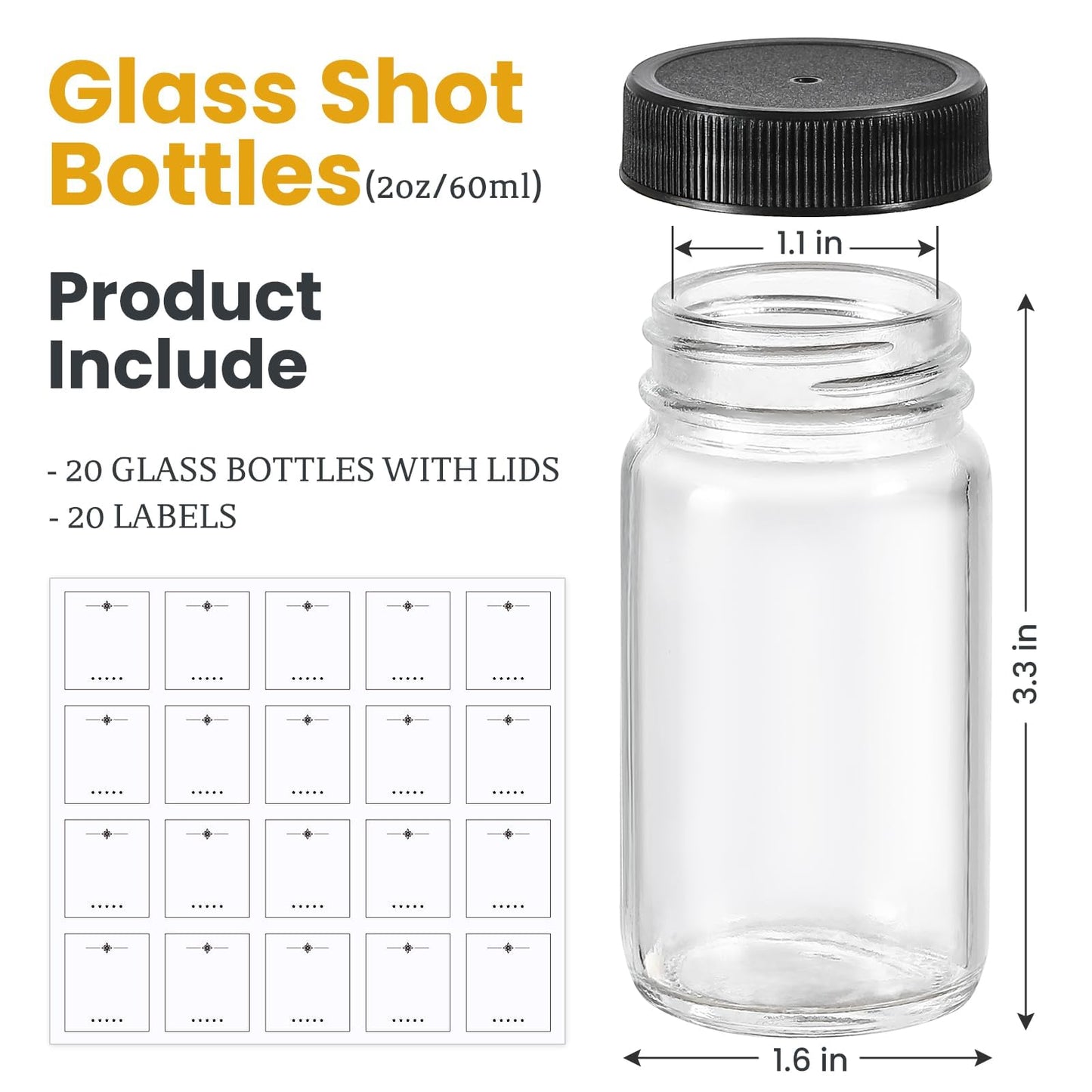 20 PACK 2 oz Glass Shot Bottles w/ Black Lids & 20 Labels - Small Clear Jar for Ginger, Wellness Shot, Juice, Sample, Whiskey - Travel Essentials Mini Bottles - Wide Mouth, Leakproof, Dishwasher Safe