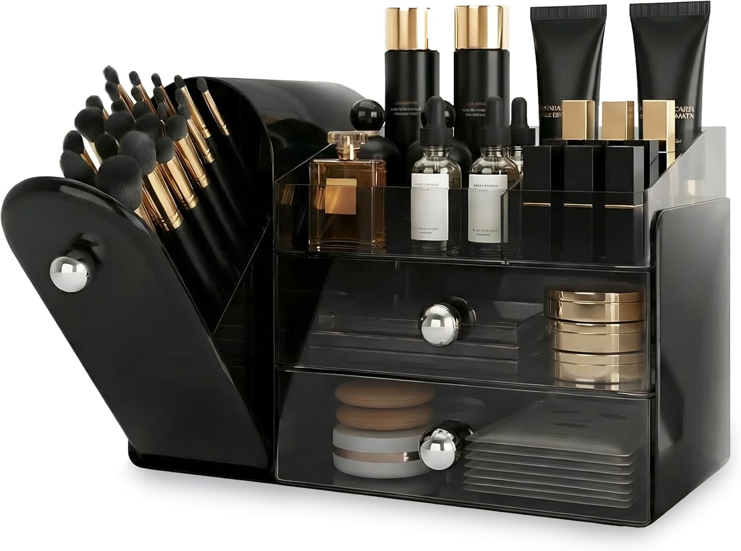 Makeup Organizer - Large Dustproof Vanity Storage with 2 Clear Drawers | Black Skincare & Cosmetics Holder