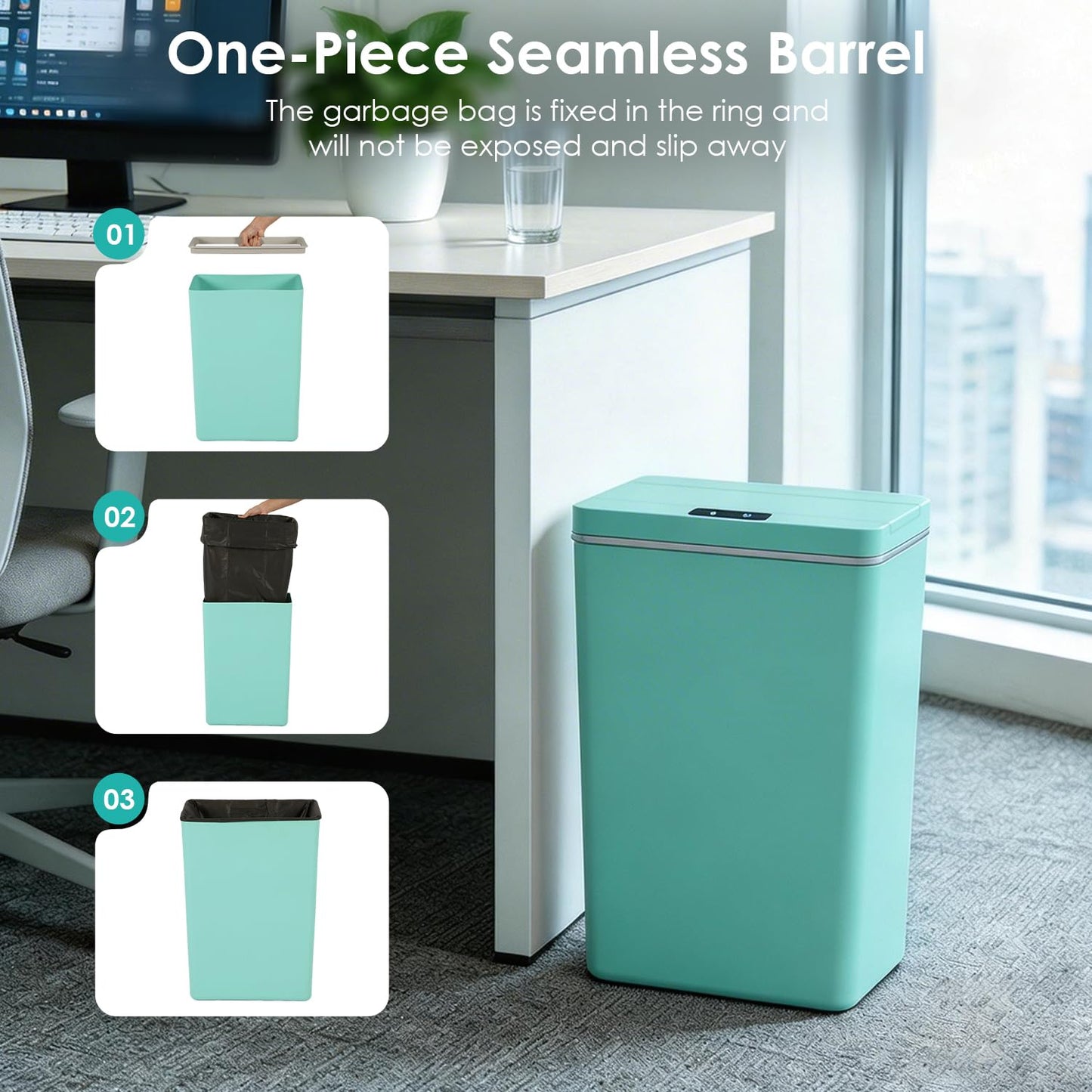 BestOffice 13 Gallon Touch-Free Trash Can - High-Capacity Plastic Garbage Bin for Kitchen, Bathroom, Home Office | Blue