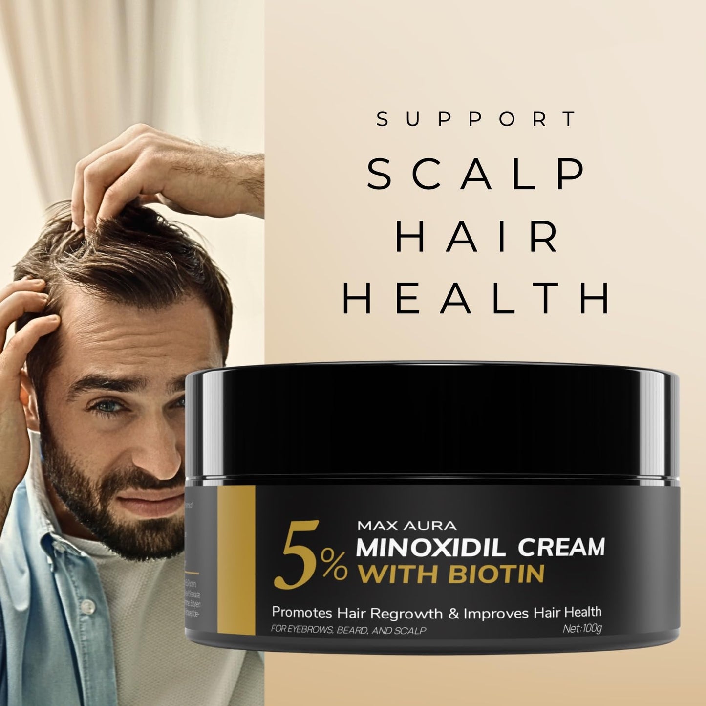 MAX AURA Minoxidil Cream with Biotin - 5% Extra Strength - Treatment for Thinning Hair and Hair Loss for Men - Hair Loss Treatment, Minoxidil Topical Solution For Thicker Fuller Hair