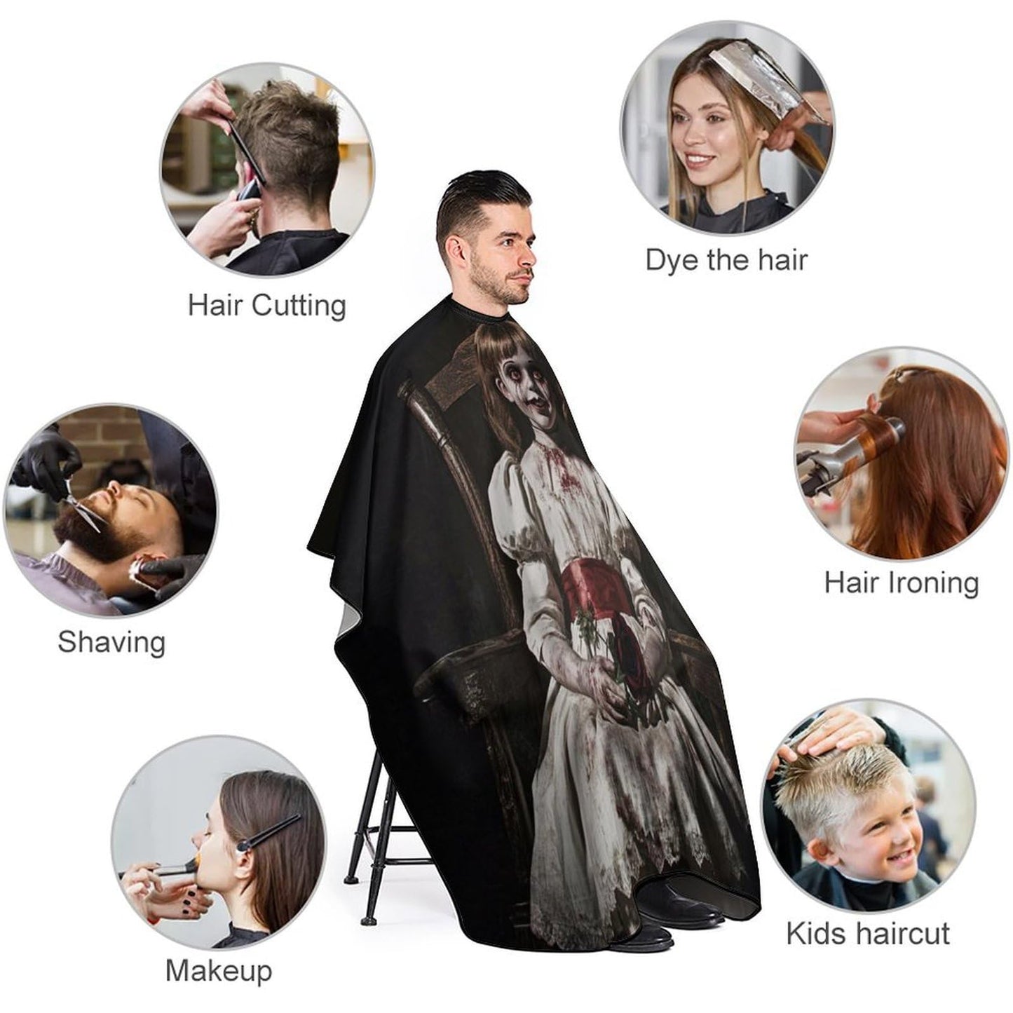 Fashion Easy Clean Professional Barber Cape Waterproof Haircut Cape with Adjustable Closure Scary Horror Girl Doll Black