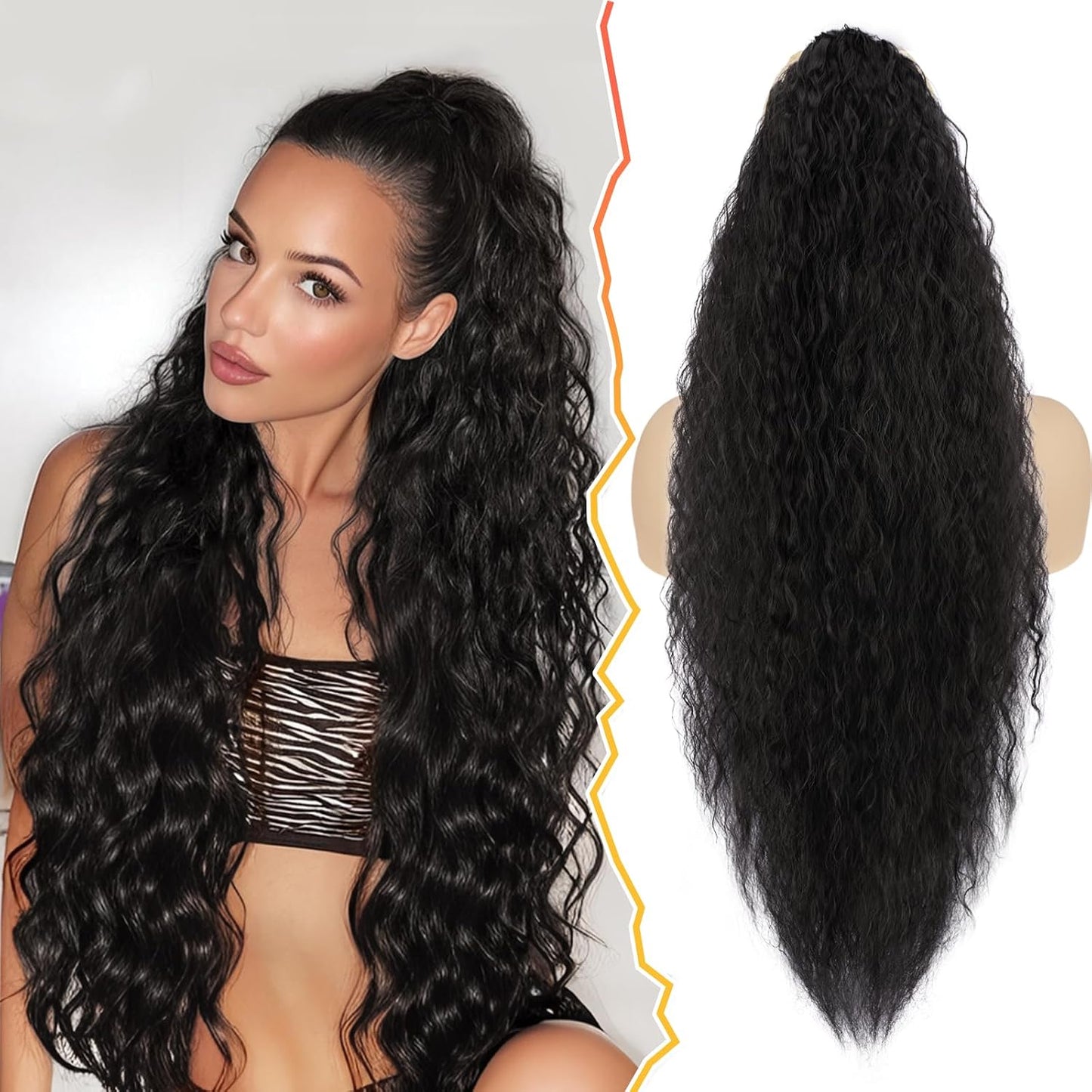 22 Inch Black Curly Wavy Drawstring Ponytail Extension - Synthetic Clip-In Hairpiece for Voluminous Bohemian Style