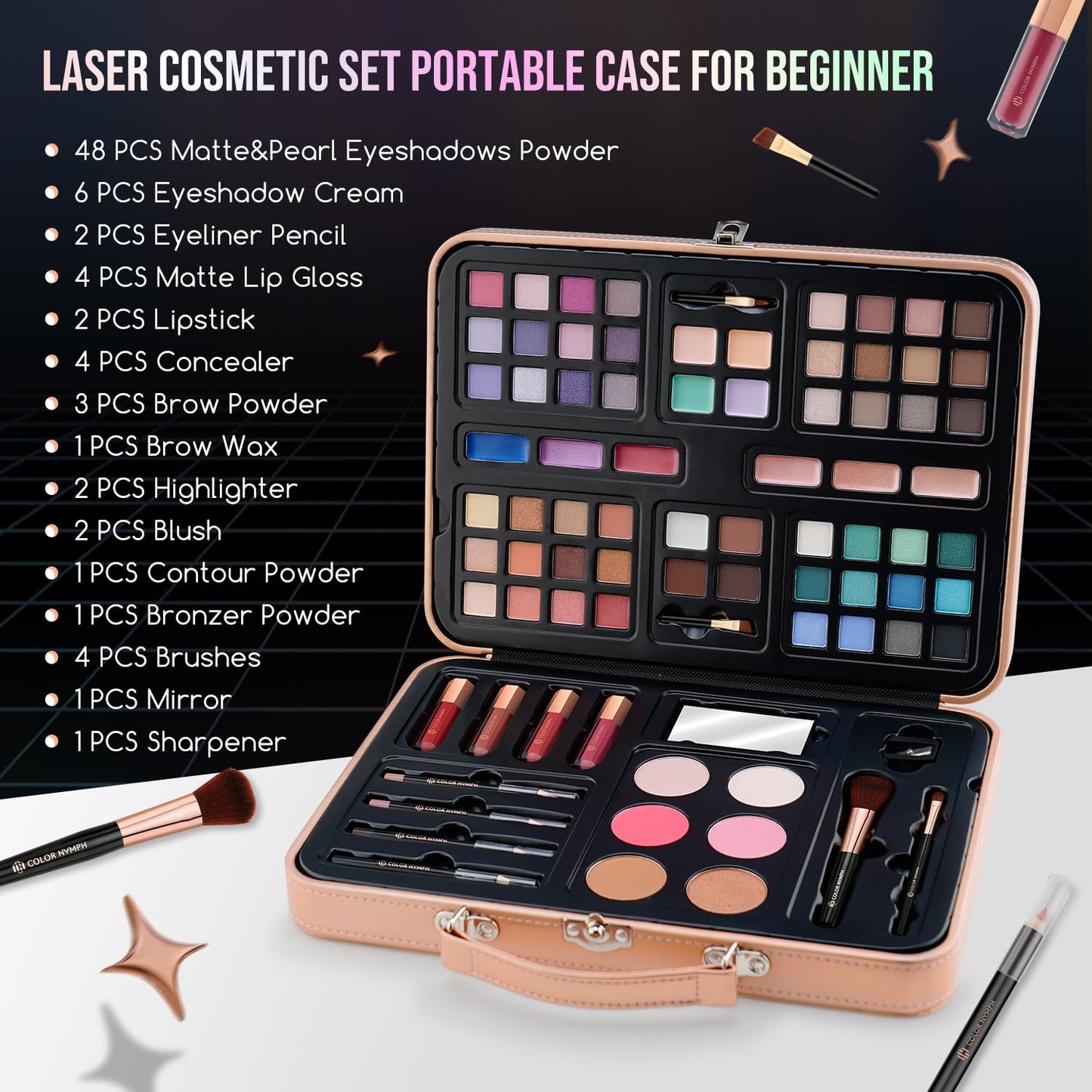Multipurpose Makeup Kit for Teens | Non-Toxic Travel Set with Eyeshadows, Blush, Highlighter & Brushes - Gold Case