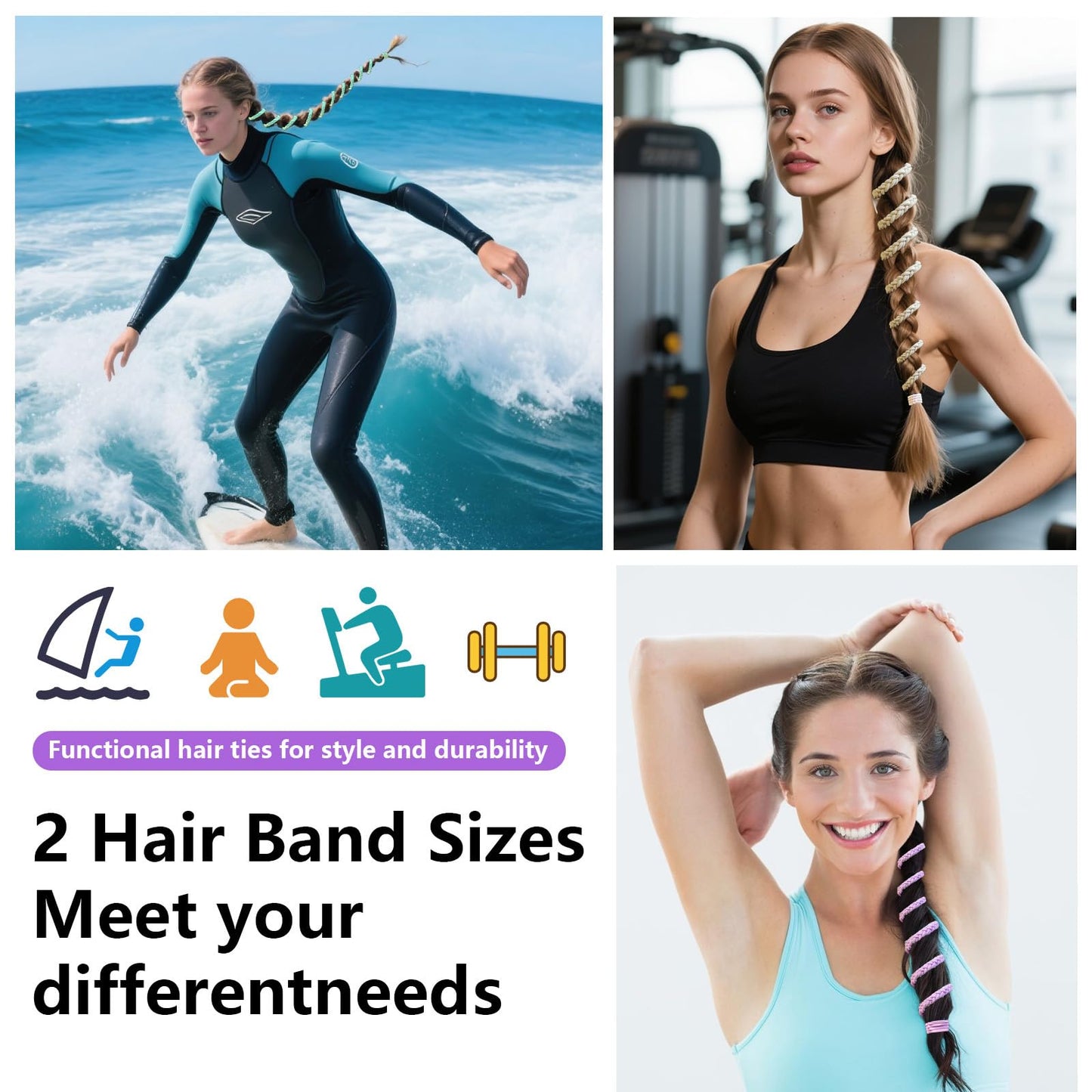 3 Pcs 16" Spiral Braided Hair Ties for Sports,No Damage, Non-Slip Elastic Ponytail Holders for Women Girls,Hair Bands for Gym, Yoga,Beach Activities(Green,Purple,White and Gray) (07csst, 41)