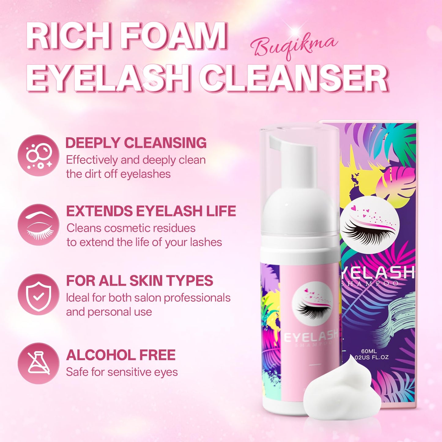 Buqikma Lash shampoo for Eyelash Extension, 60Ml/2.02 fl.Oz Eyelash Shampoo Kit with Lash Wash Brushes Gentle Lash Extension Cleanser for Professional Salon and Home Eyelash Care