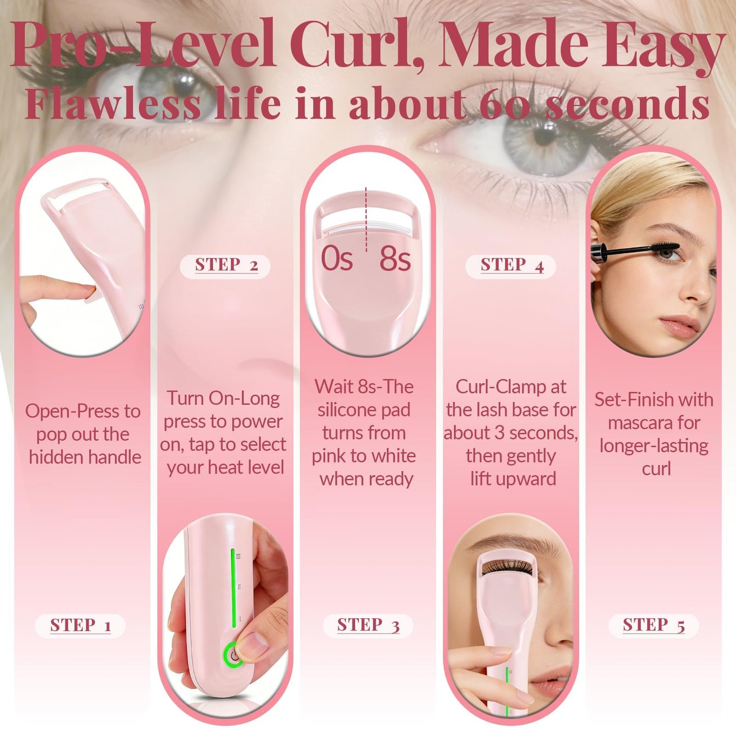 Heated Eyelash Curler, 3 Heat Levels, 8s Fast Heat, 24H Natural C-Curl Lift, Anti-Burn Silicone Pad, USB-C Rechargeable, Auto Shut-Off, Wide-Arc Design for Fine, Thick & False Lashes