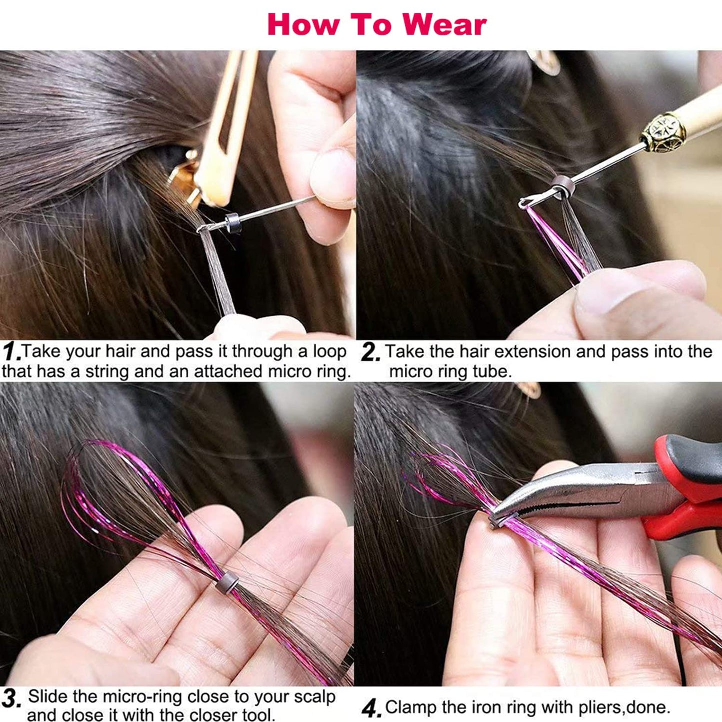 47Inch Hair Tinsel Kit with Tools Fairy Hair Tinsel Hair Extensions Heat Resistant Colorful Shiny Sparkling Glitter Hair for Women Girls