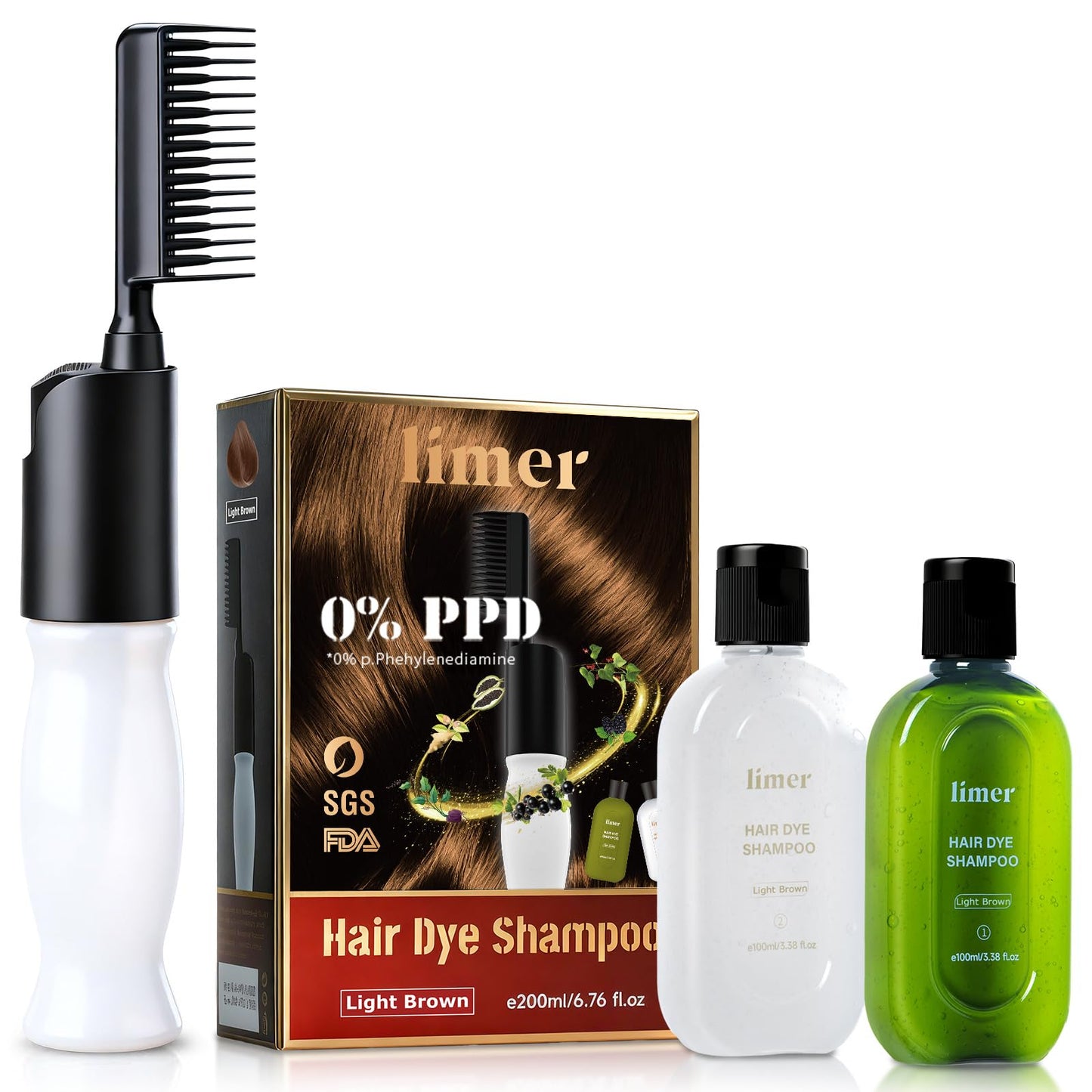 Hair Dye Shampoo PPD-Free for Sensitive Scalp, Comb-In Root Touch-Up Light Brown 6 in 1 Herbal Gentle Formula Gray Coverage for Men Women, Ammonia-Free, Semi-Permanent (6.76fl oz/200ml)