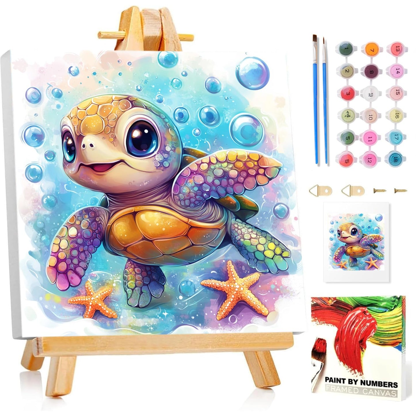 Mandun Paint by Numbers Kit for Kids with Frame, Sea Turtle Paint by Numbers for Kids Ages 4-8-12, DIY Turtle Acrylic Oil Painting for Home Wall Art Decor Gift 7.8x7.8 inch (with Frame Easel)