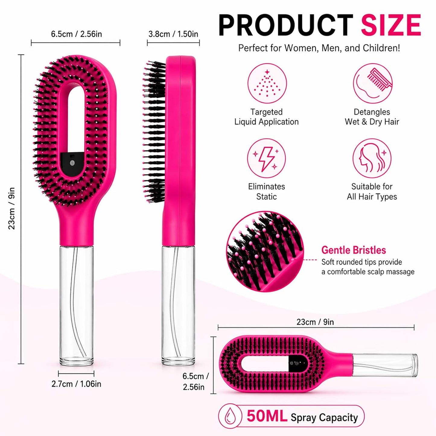 Misting Hair Brush - 2-in-1 Manual Detangling Brush with Built-In Water Spray for Curly & Thick Hair | Anti-Frizz Portable (Red)