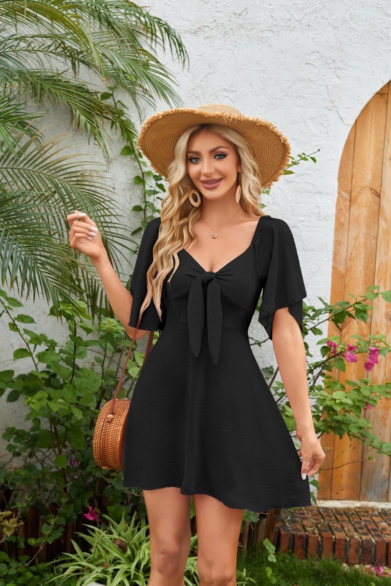 Women’s V Neck Tie Front Mini Dress - Short Sleeve Fit and Flare Casual Fashion Summer Dress for Women Black
