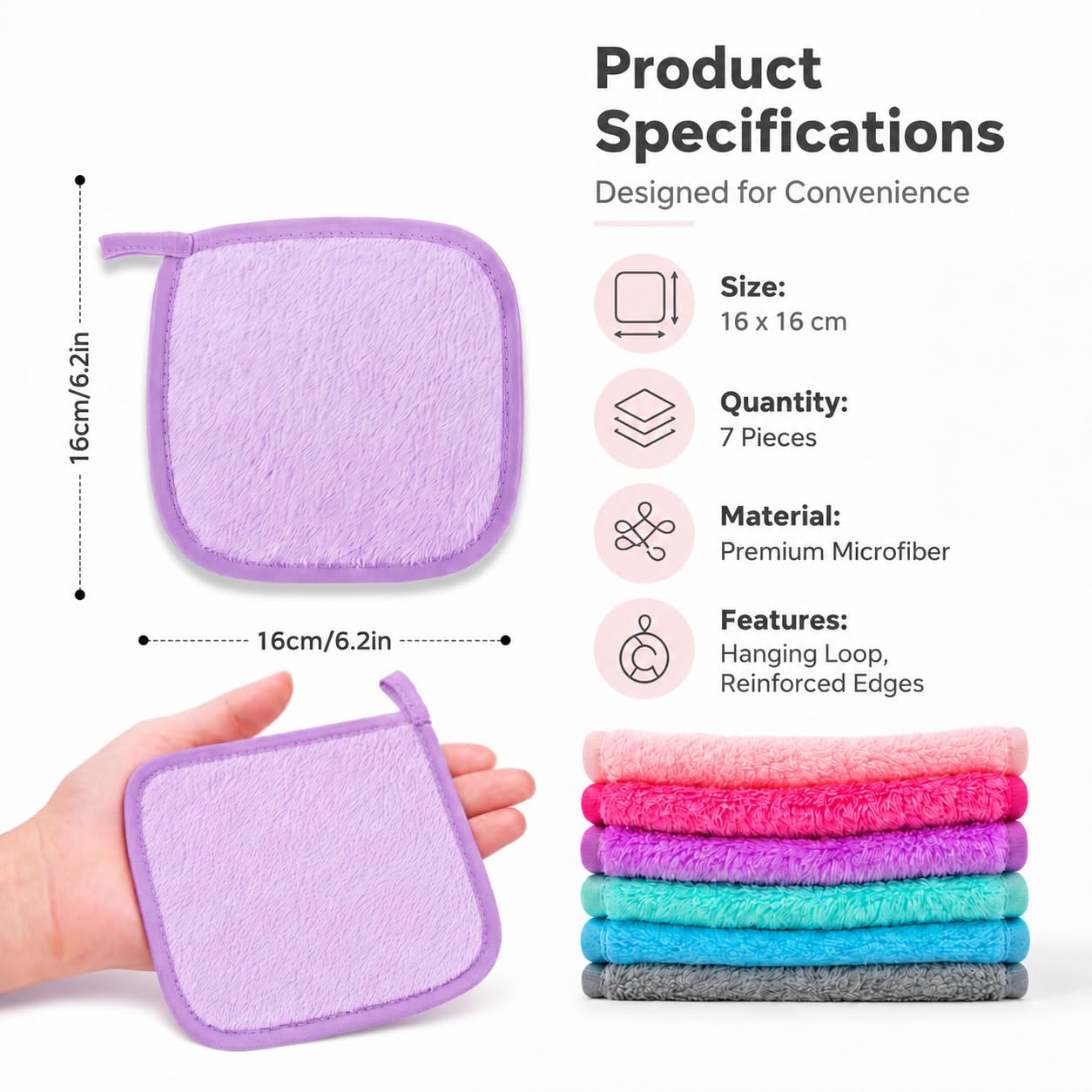 Sukh Makeup Remover Cloth | 7PCS Reusable Microfiber Pads - Soft 6x6 Inch Cleansing Towels for All Skin Types