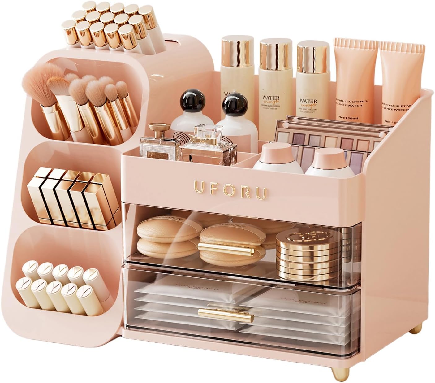 Makeup Organizer for Vanity - Large Capacity Skincare & Cosmetic Display Case with 2 Drawers | Brush Holder & Perfume Storage