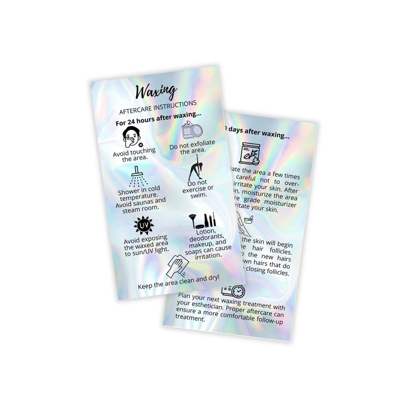 Waxing Aftercare Cards | 50 Pack | Size 2 x 3.5” inches Business Card Size | Waxing Aftercare Kit Cards PMU Matches Pre-Waxing Card | Aftercare Instructions Faux Holo Print Design