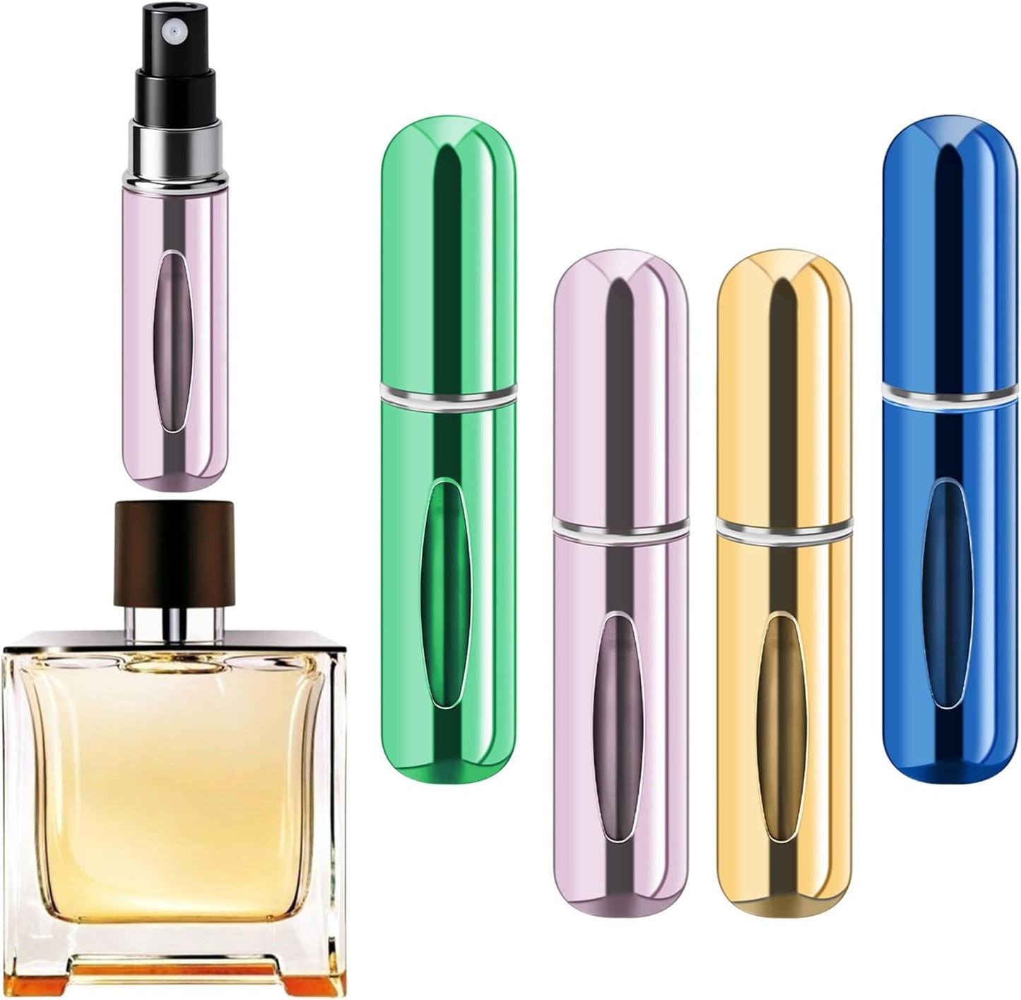 Refillable Perfume Atomizer Bottle - Portable Travel Spray, 5ml | 4 Pack in Silver, Purple, Blue, Gold, Pink, Black