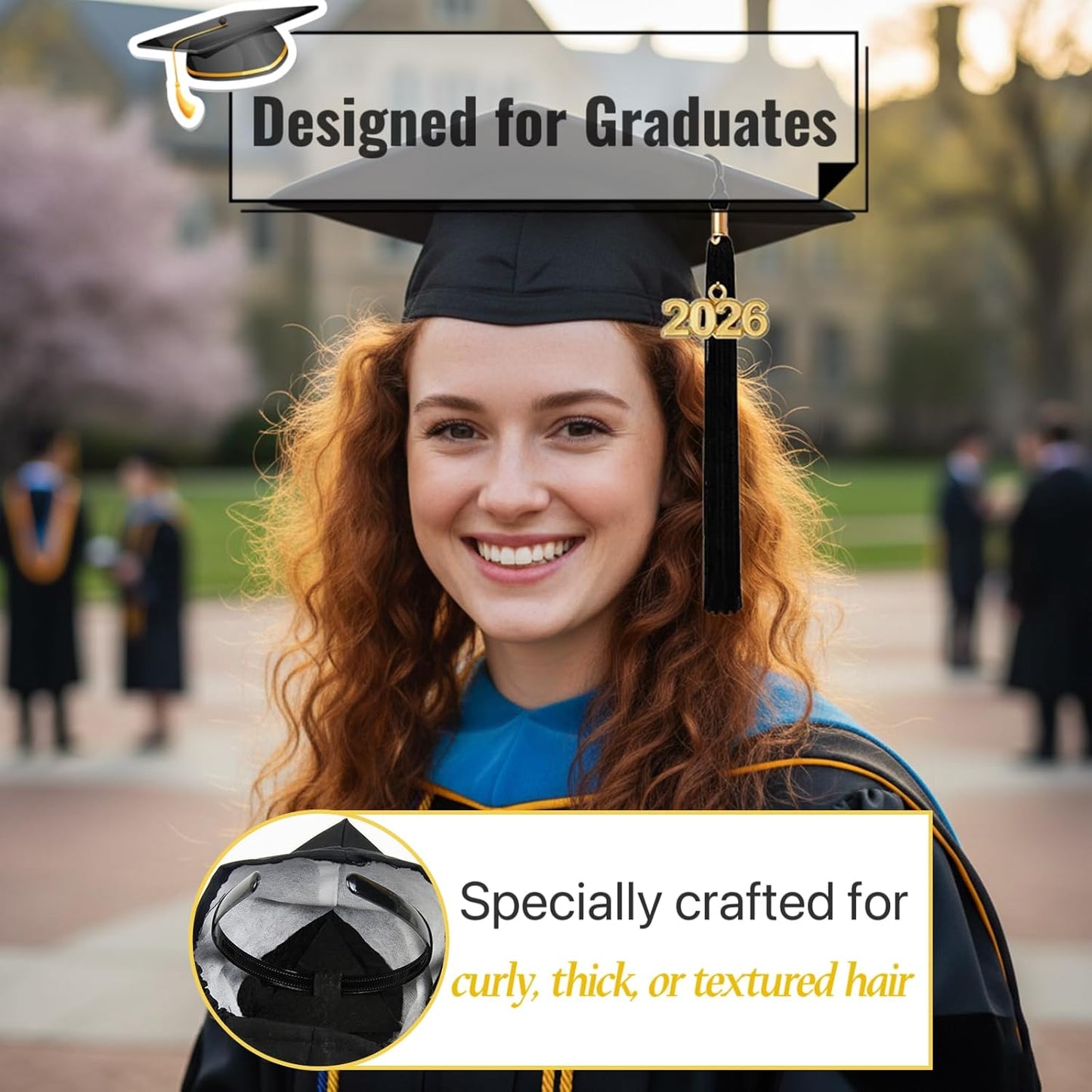 Graduation Cap Headband Insert - Secure Fit for Curly & Thick Hair | No-Slip Design, Black