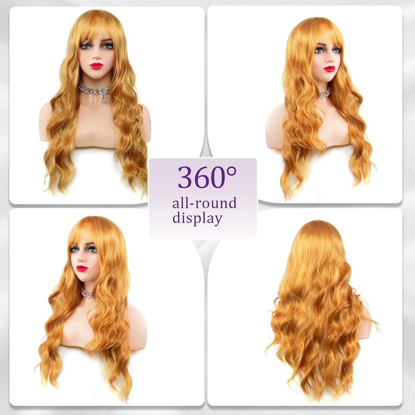 Honey Blonde Wigs for Women - 26 Inch Long Wavy Curly Synthetic Wig with Bangs | Heat Resistant Cosplay Style
