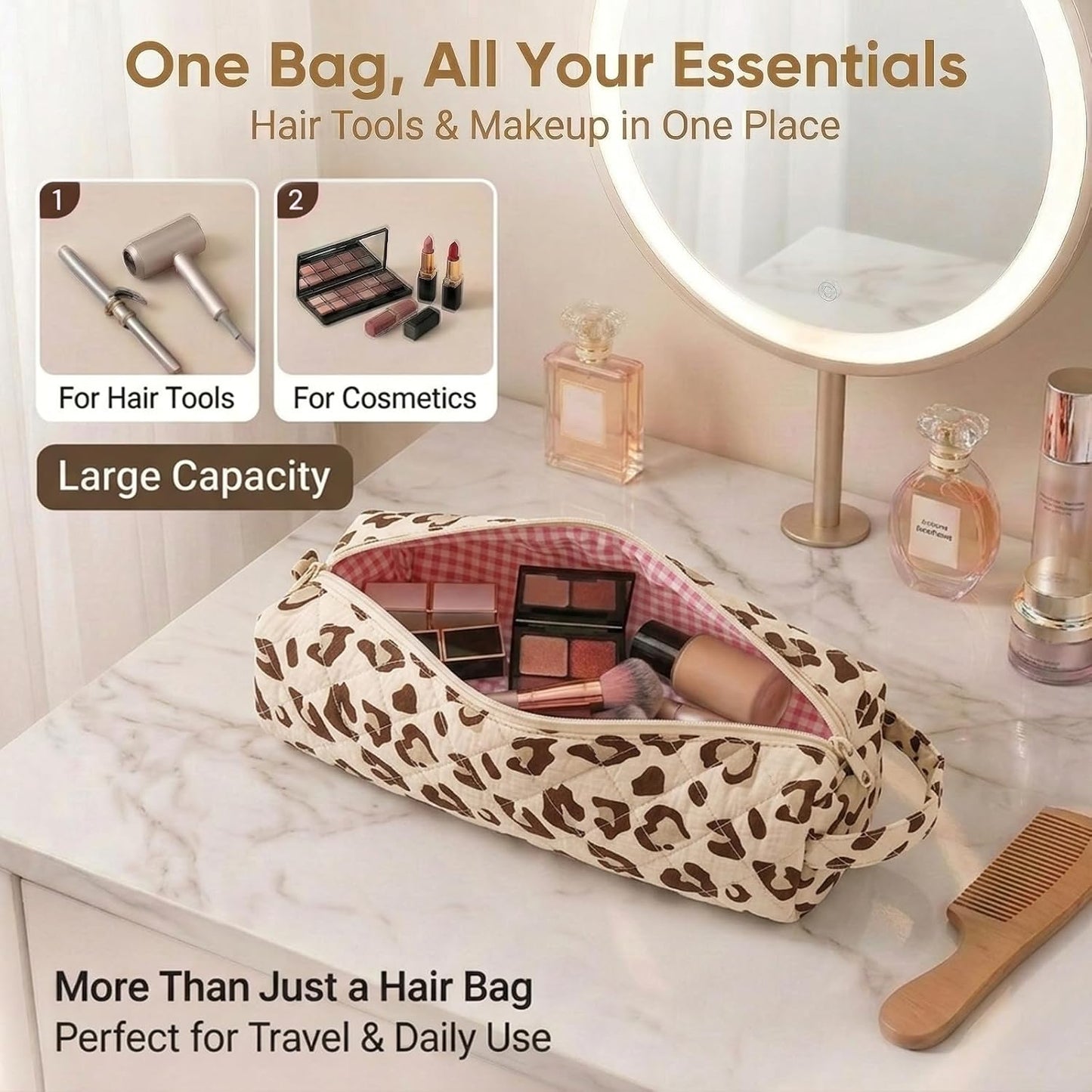 Quilted Travel Bag for Hair Tools - Compatible with Dyson Airwrap & Shark Flexstyle | Large Leopard Organizer