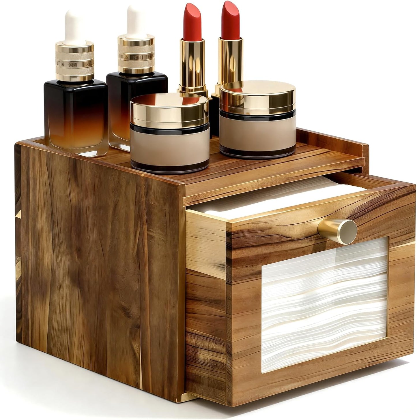 Disposable Face Towel Holder - Acacia Wood Storage Box for XL Towels | Bathroom Vanity Organizer & Wall Mount