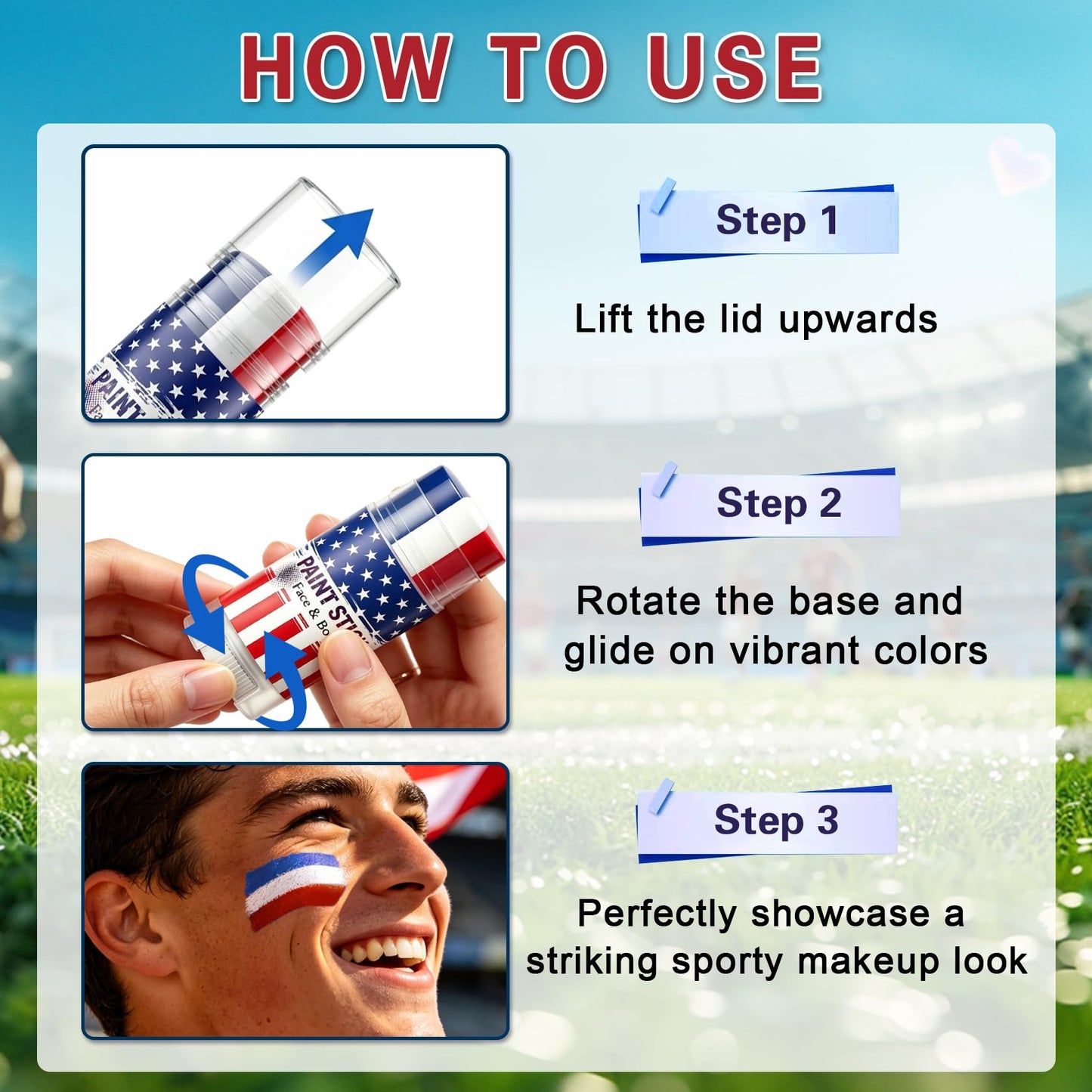 LZXLUKGIR 2PCS Red White and Blue Face Paint Sticks,4th of July USA Face Paint for Independence Day,3 in 1 Colors Face Body Paint Sticks for Soccer,Football,Softball,Baseball Eye Black Stick （01 USA）