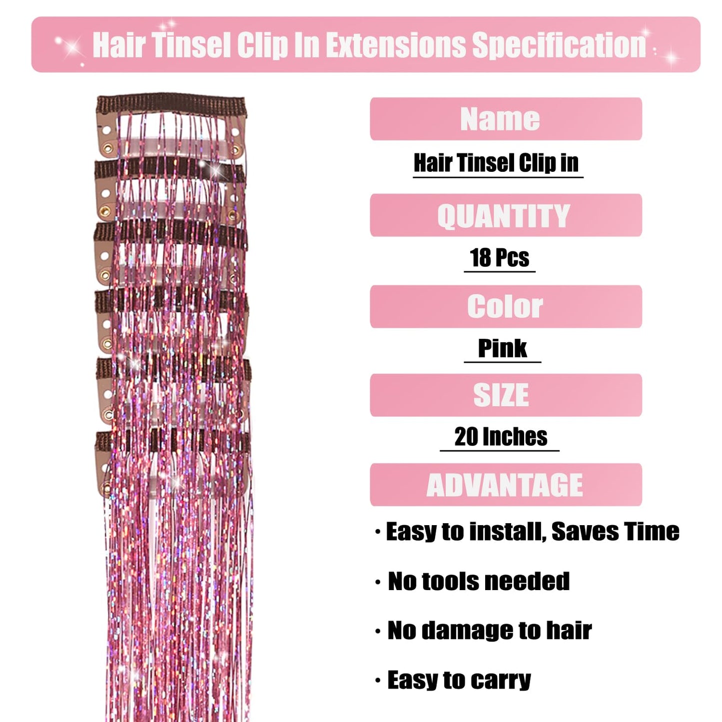 Aokomisu Hair Tinsel Clip in Pack of 18 Pcs 20 Inch Clip in Hair Tinsel Pink Glitter Tinsel Hair Extensions Fairy Hair Clips Party Dazzle Hair Accessories for Girls Kids Women (Pink-18 Pcs)