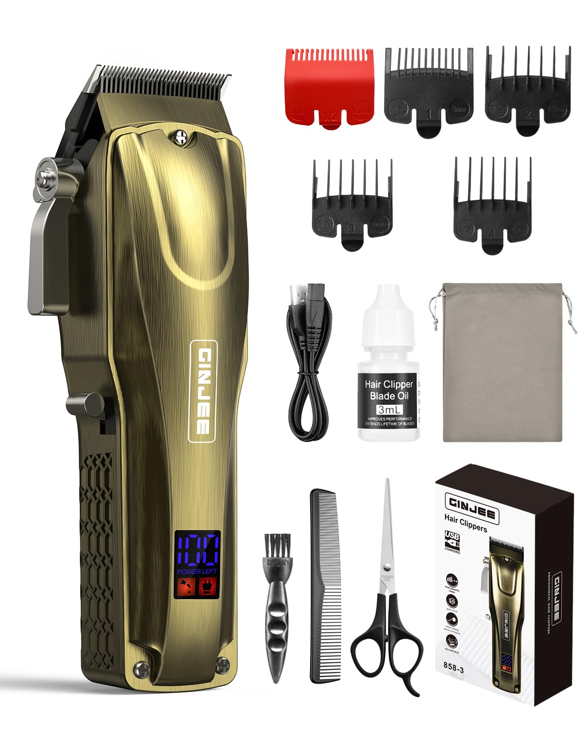 GinJee Hair Clippers for Men, Cordless & Corded Barber Clipper with 5Hrs Runtime, 7000RPM Rotary Motor & LED Display, Waterproof Professional Hair Cutting Kit for Men and Home Use (Gold)