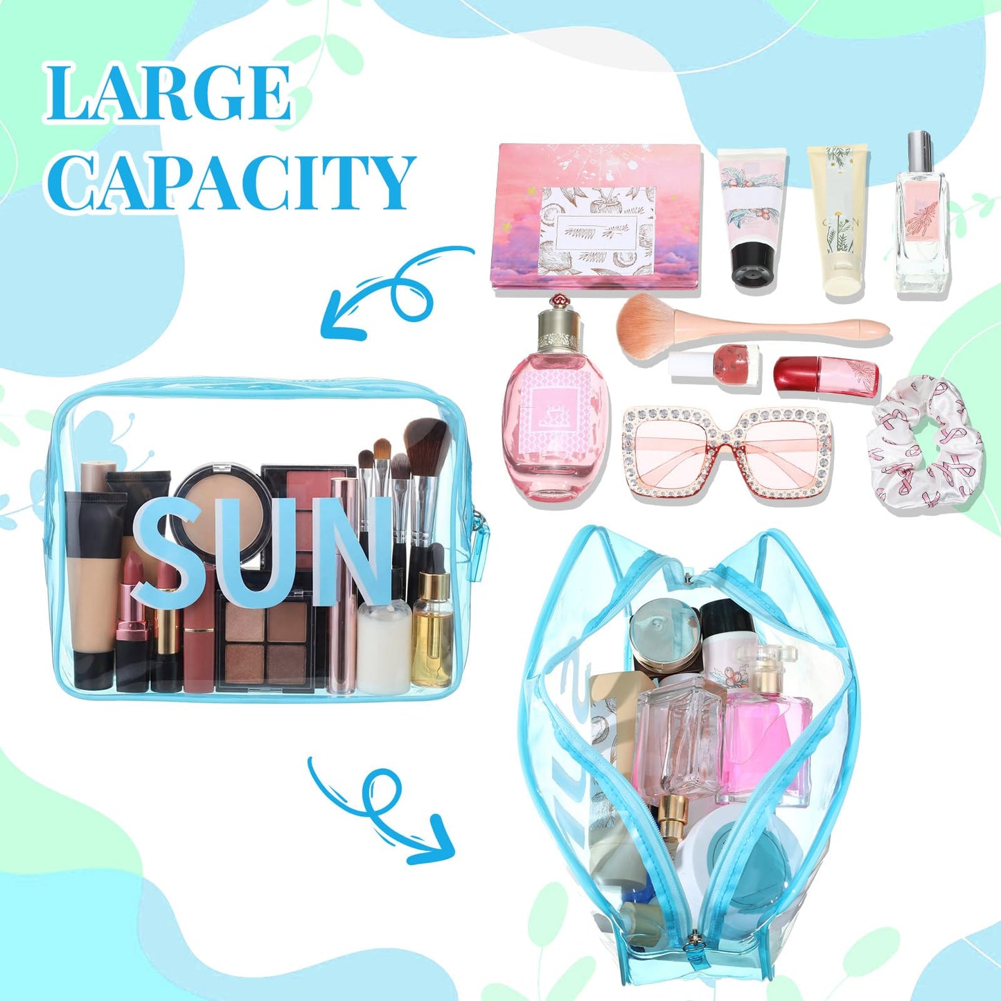 Shinylin Clear Sun Bag Travel Beach Makeup Pouch 9.5" x 7" x 3.5" Large Blue Toiletry Cosmetic Bag PVC Waterproof Transparent Zippered Organizer for Women Girl Summer